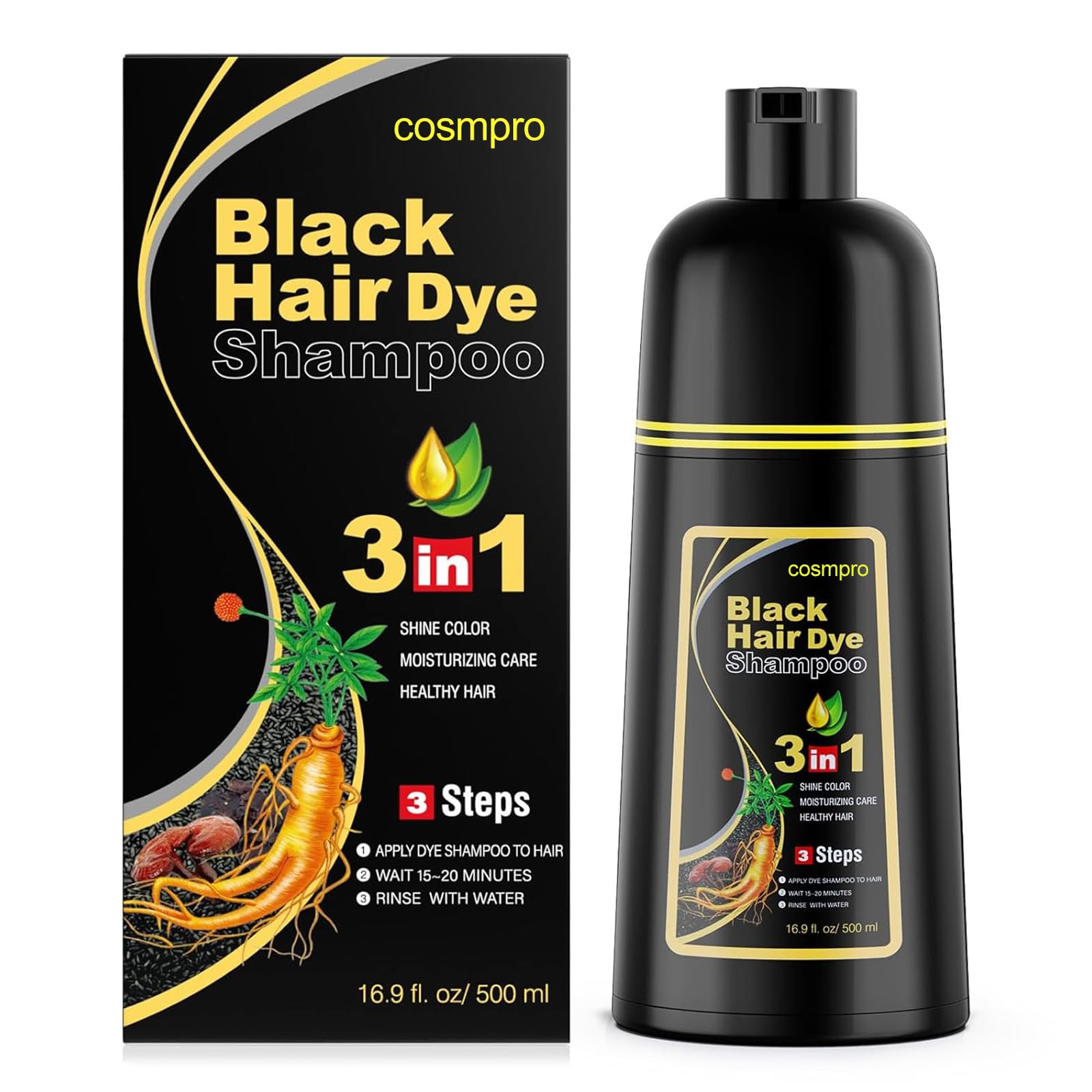 Cosmpro Black Hair Dye Shampoo gray coverage application at home.