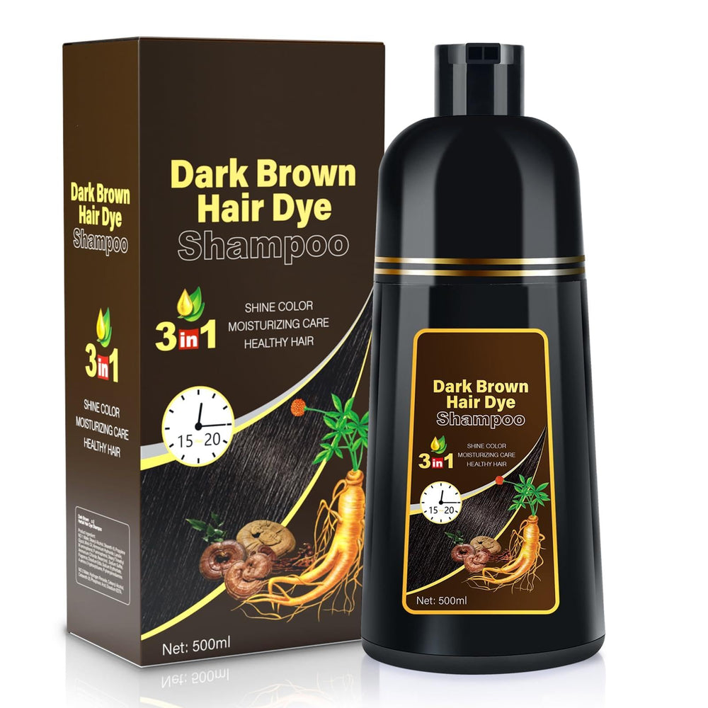 Cosmpro dark brown hair dye shampoo bottle shows natural color for gray coverage