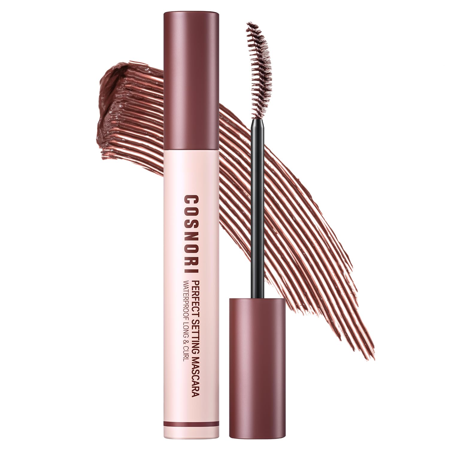 Cosnori Perfect Setting Mascara longcurl rosy brown shown for smooth, long-lasting definition.