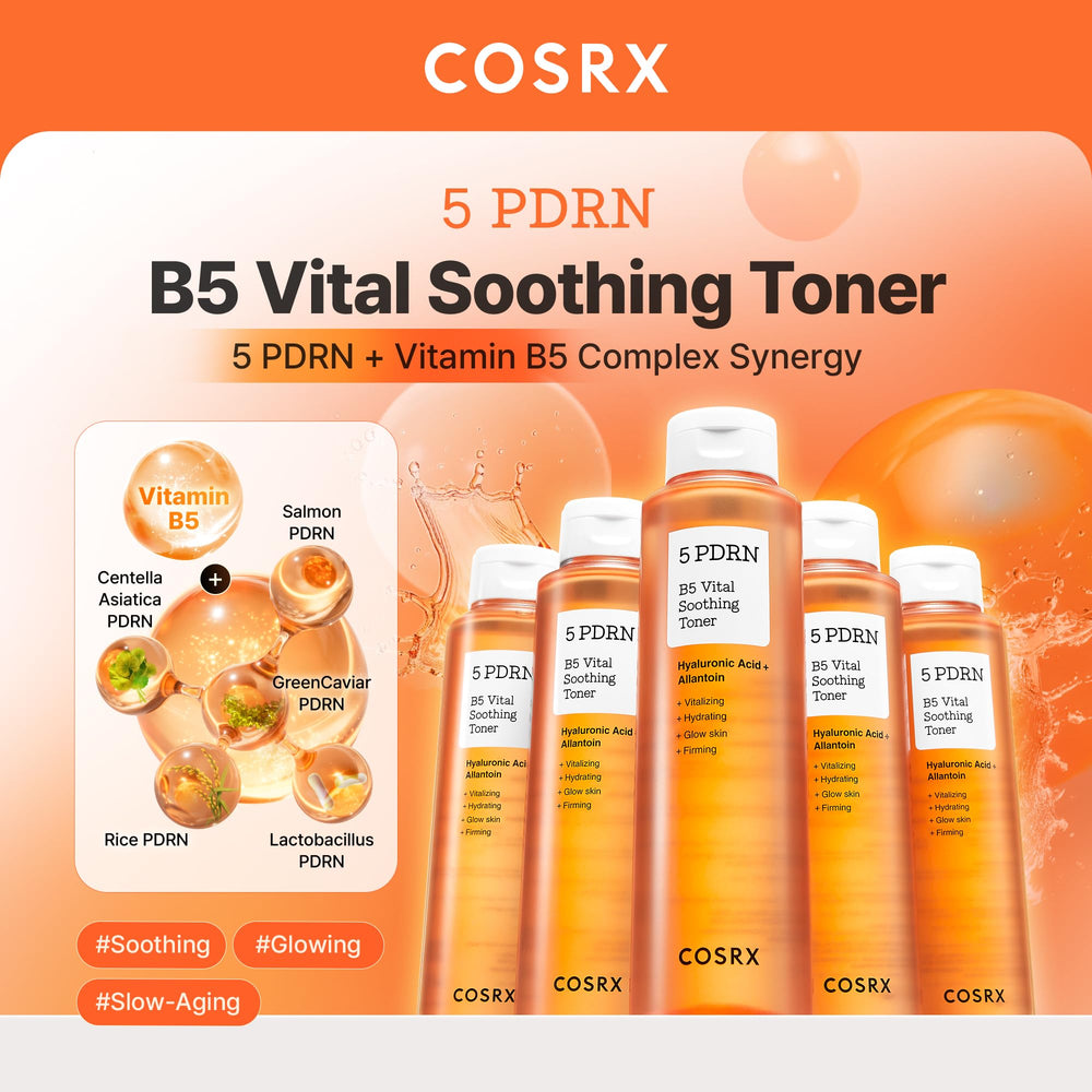 COSRX 5 PDRN B5 toner label closeup showing fragrance-free formula