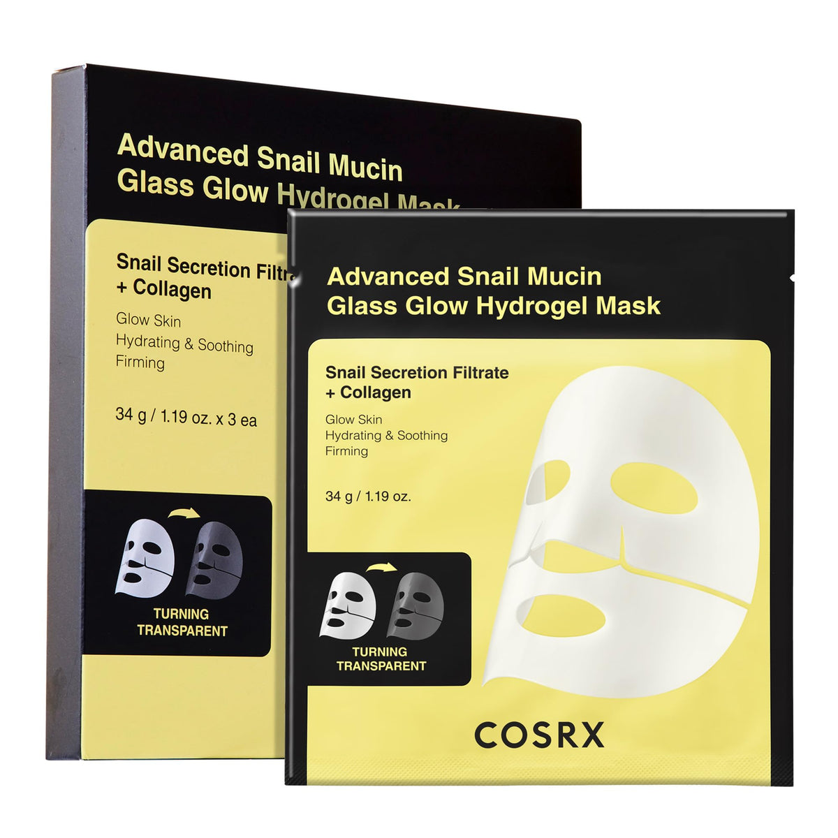 COSRX Advanced Snail Mucin Glass Glow Mask packaging shown for premium skincare routine
