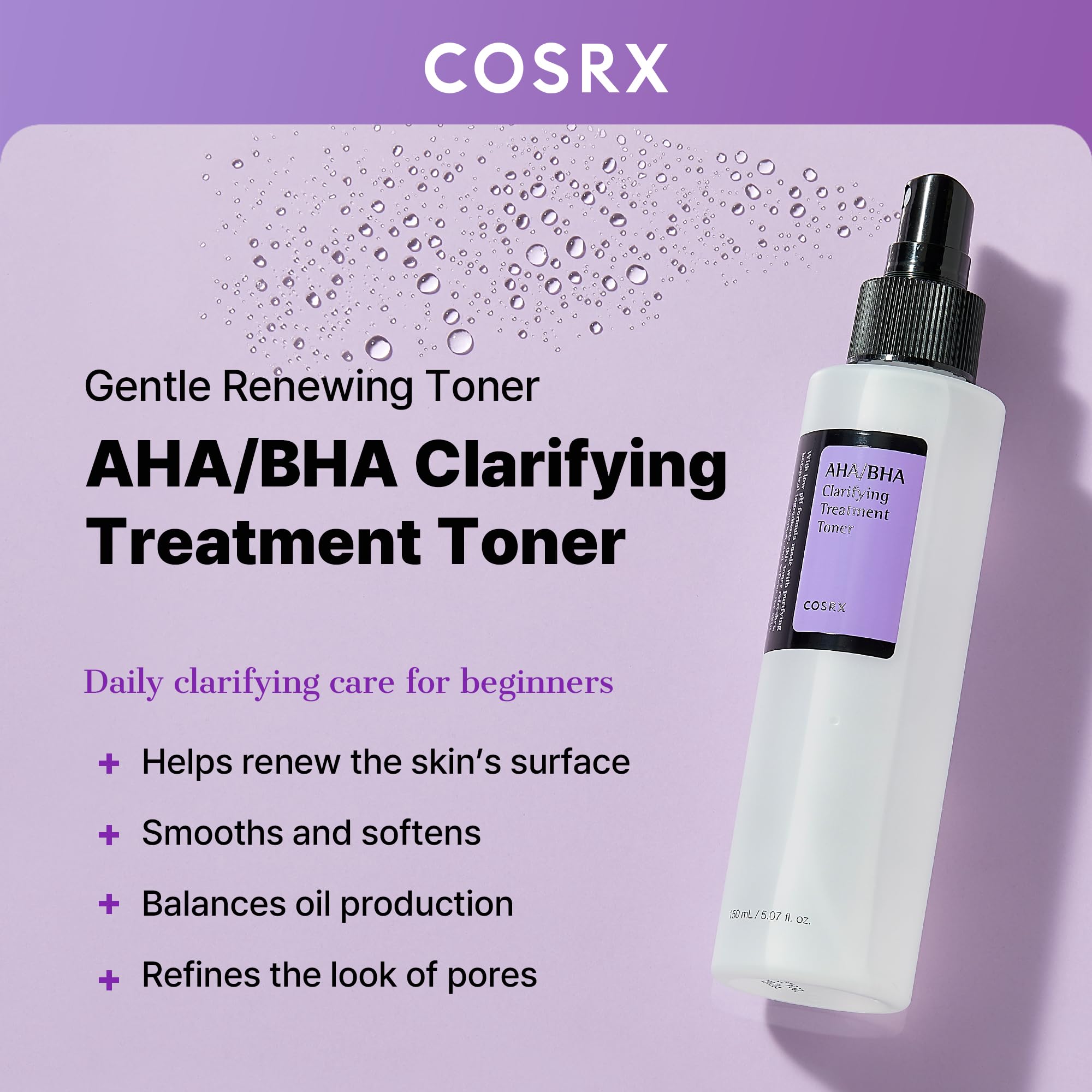 COSRX AHA/BHA toner bottle with mist spray demonstrating refreshing application