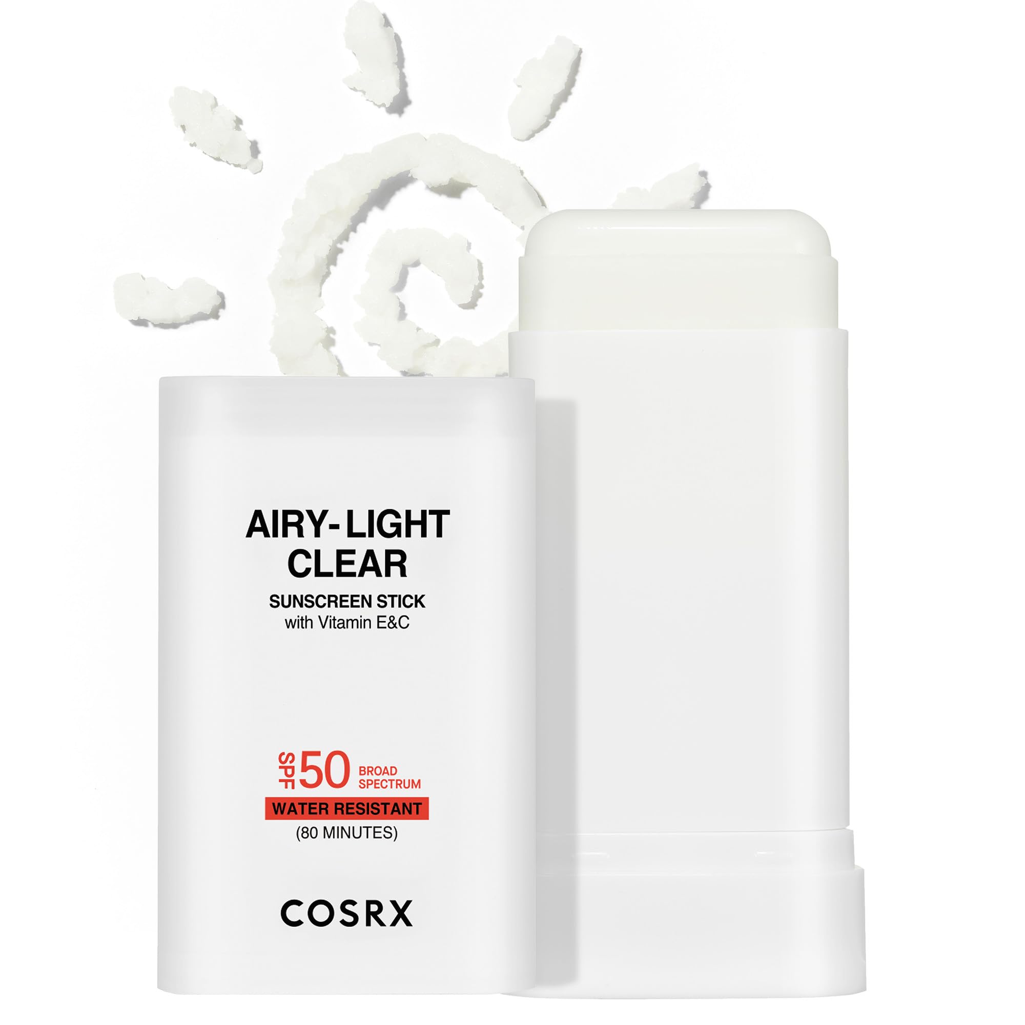 COSRX Airy-Light Clear Sunscreen Stick packaging shown for portable sun protection
