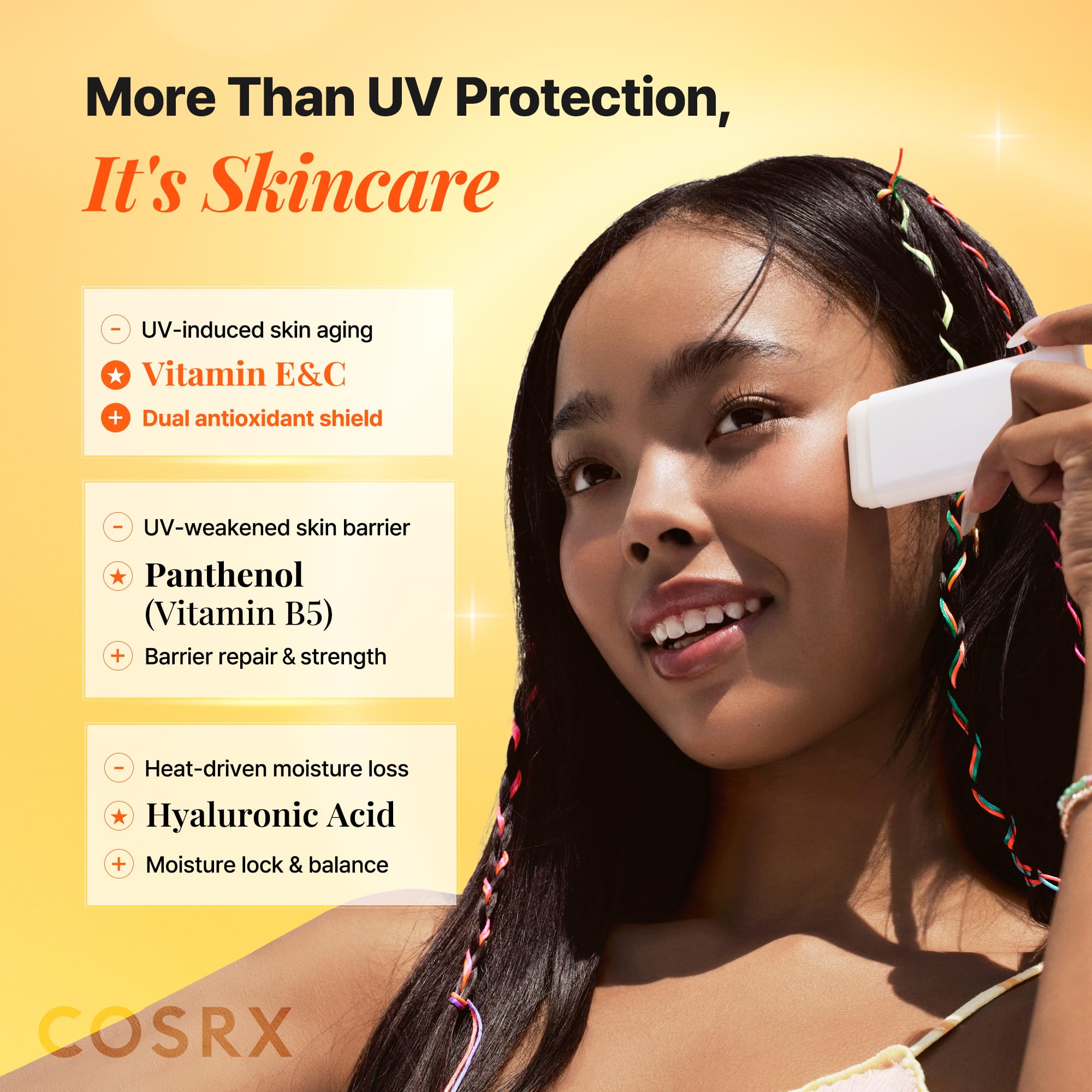 COSRX Airy-Light Clear Sunscreen Stick SPF 50 used on the face outdoors