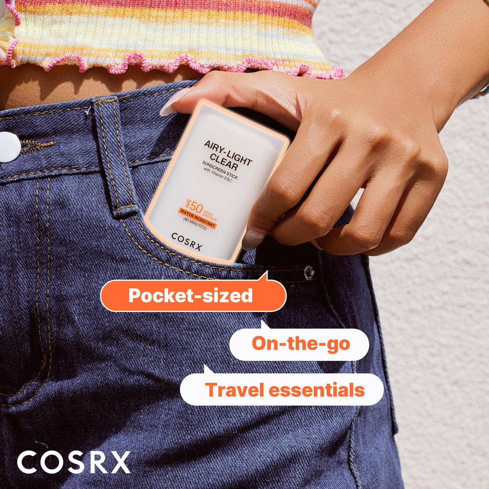 COSRX Airy-Light Clear Sunscreen Stick enriched with vitamins E and C for skin health