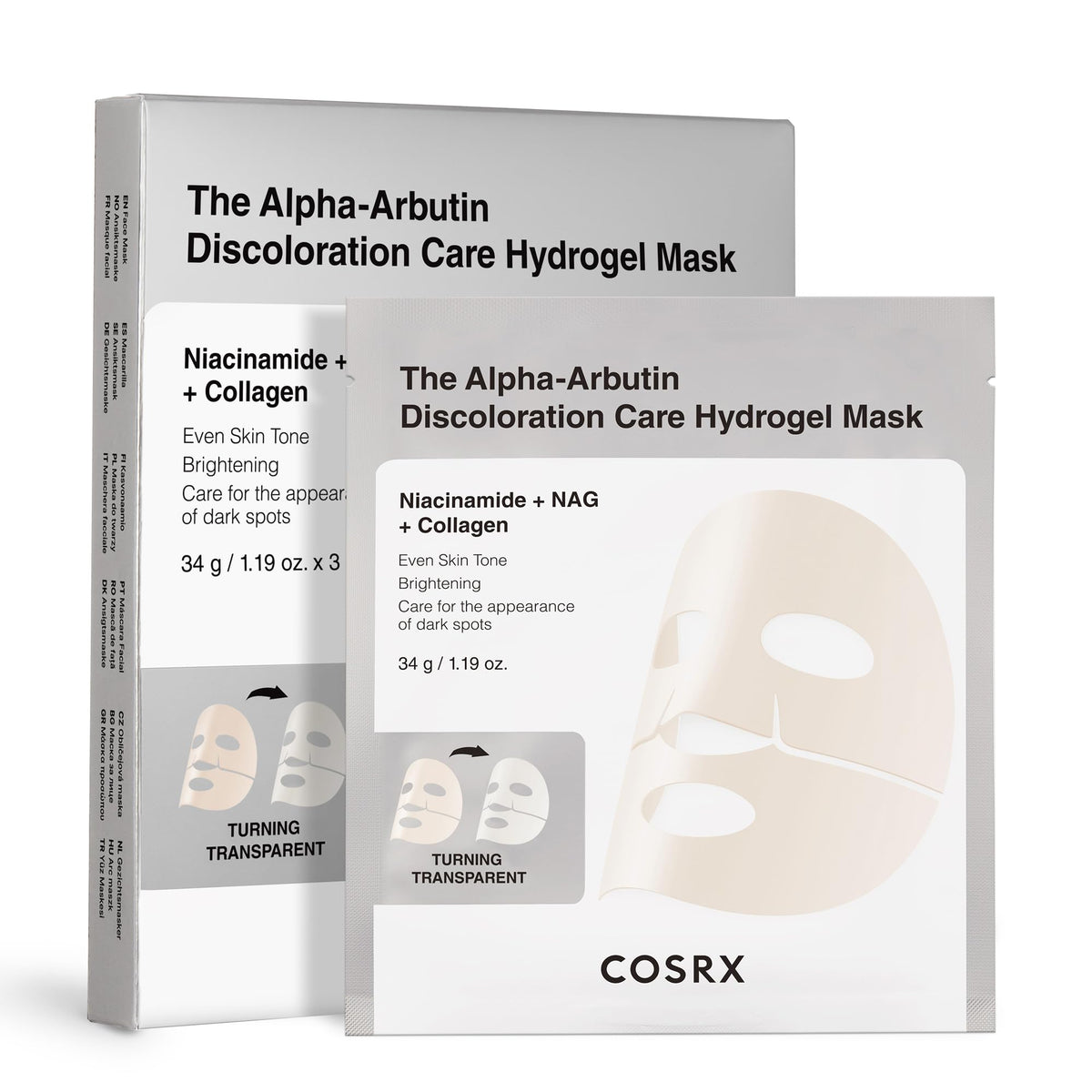 COSRX Alpha-Arbutin hydrogel mask on skin for hydration and even tone