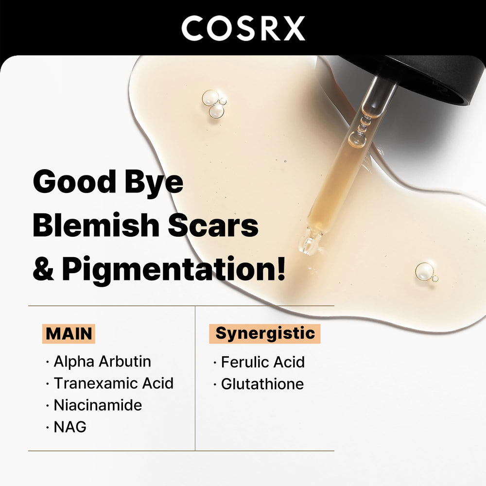 COSRX alpha-arbutin discoloration serum pump demonstrates consistent application.