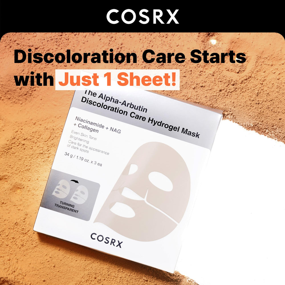 COSRX Alpha-Arbutin hydrogel mask worn on the face
