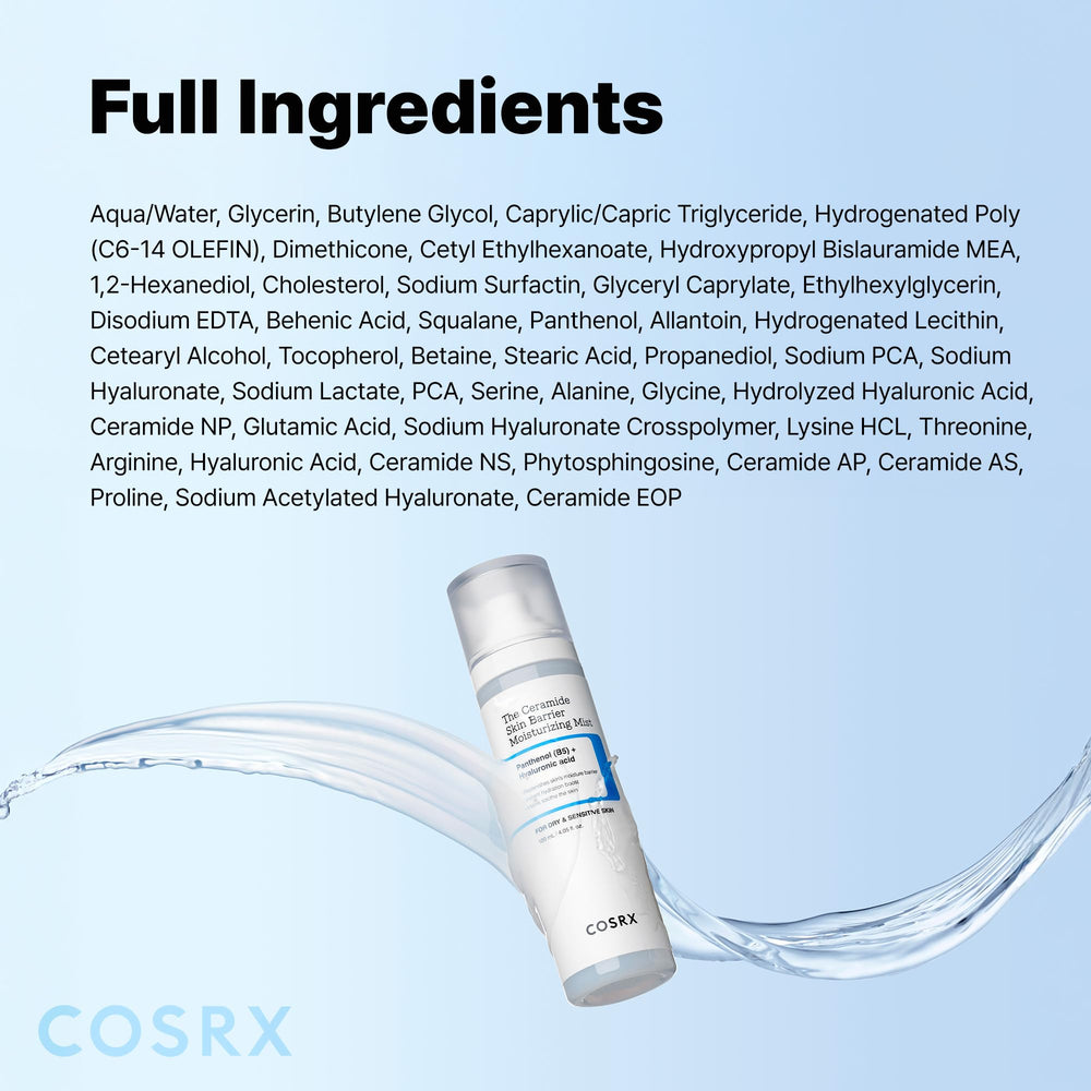 Applying COSRX Barrier Mist to the face for gentle hydration.