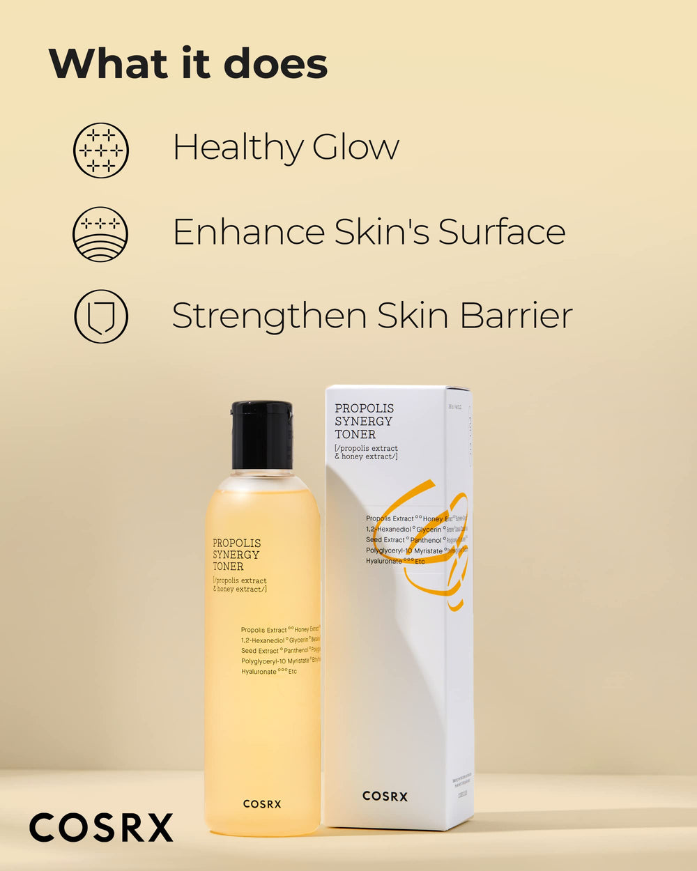 COSRX Full Fit Propolis Synergy Toner label closeup highlights propolis and honey ingredients