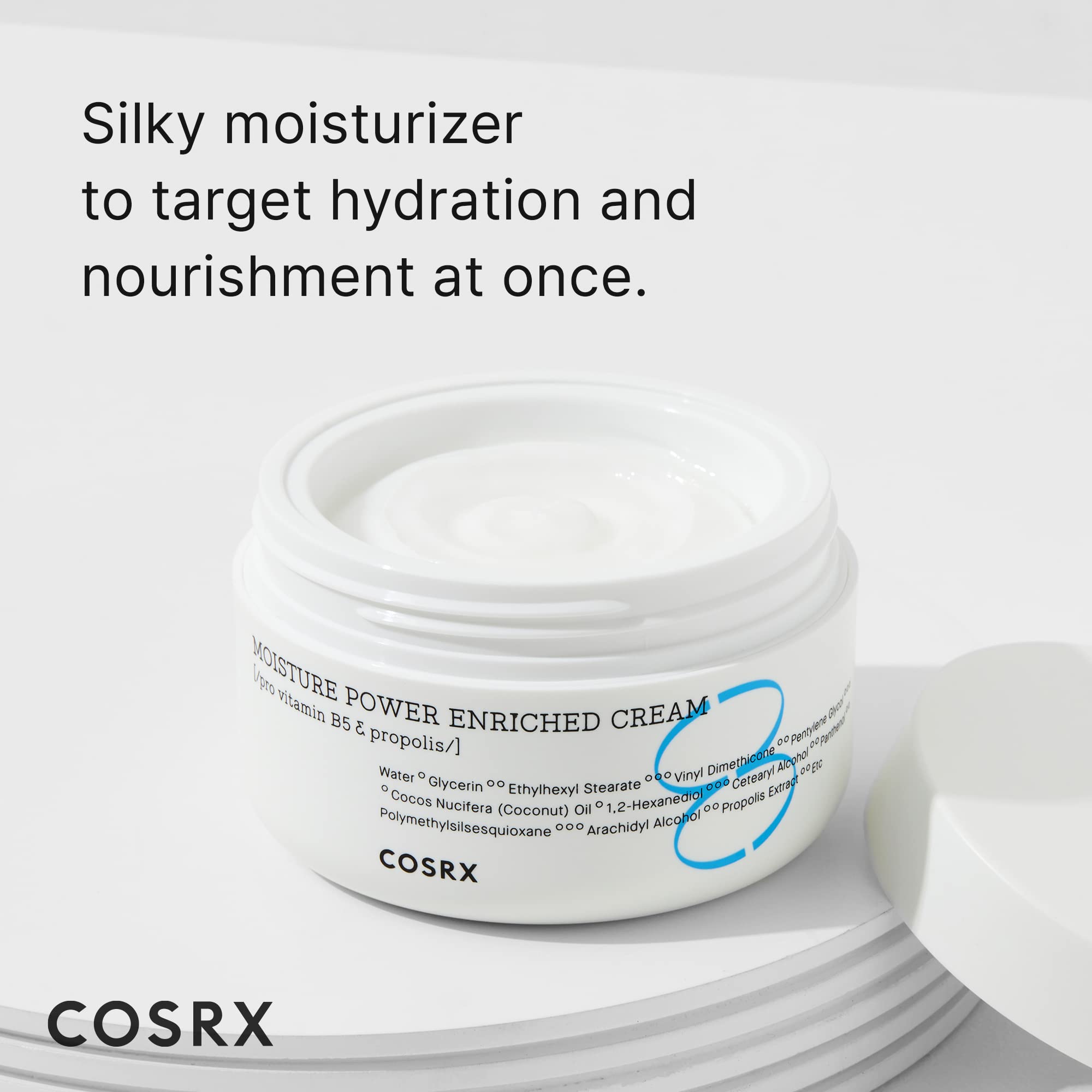 COSRX moisturizer texture swatch showing a silky, non-greasy finish.