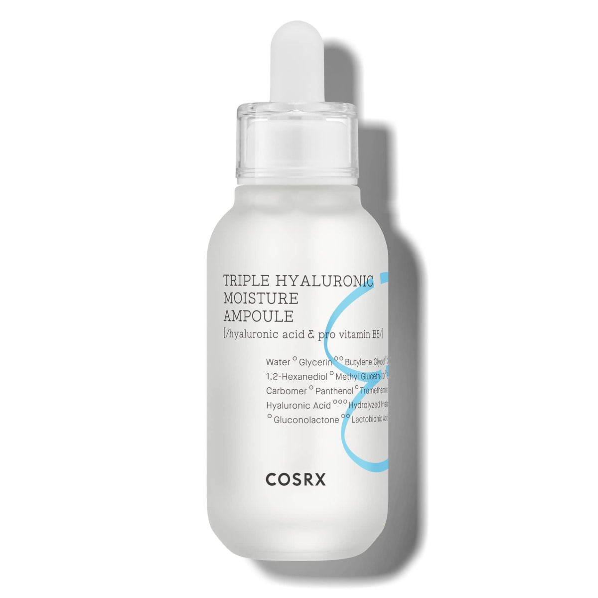COSRX Hydrium bottle shows triple hyaluronic moisture ampoule for deep hydration.