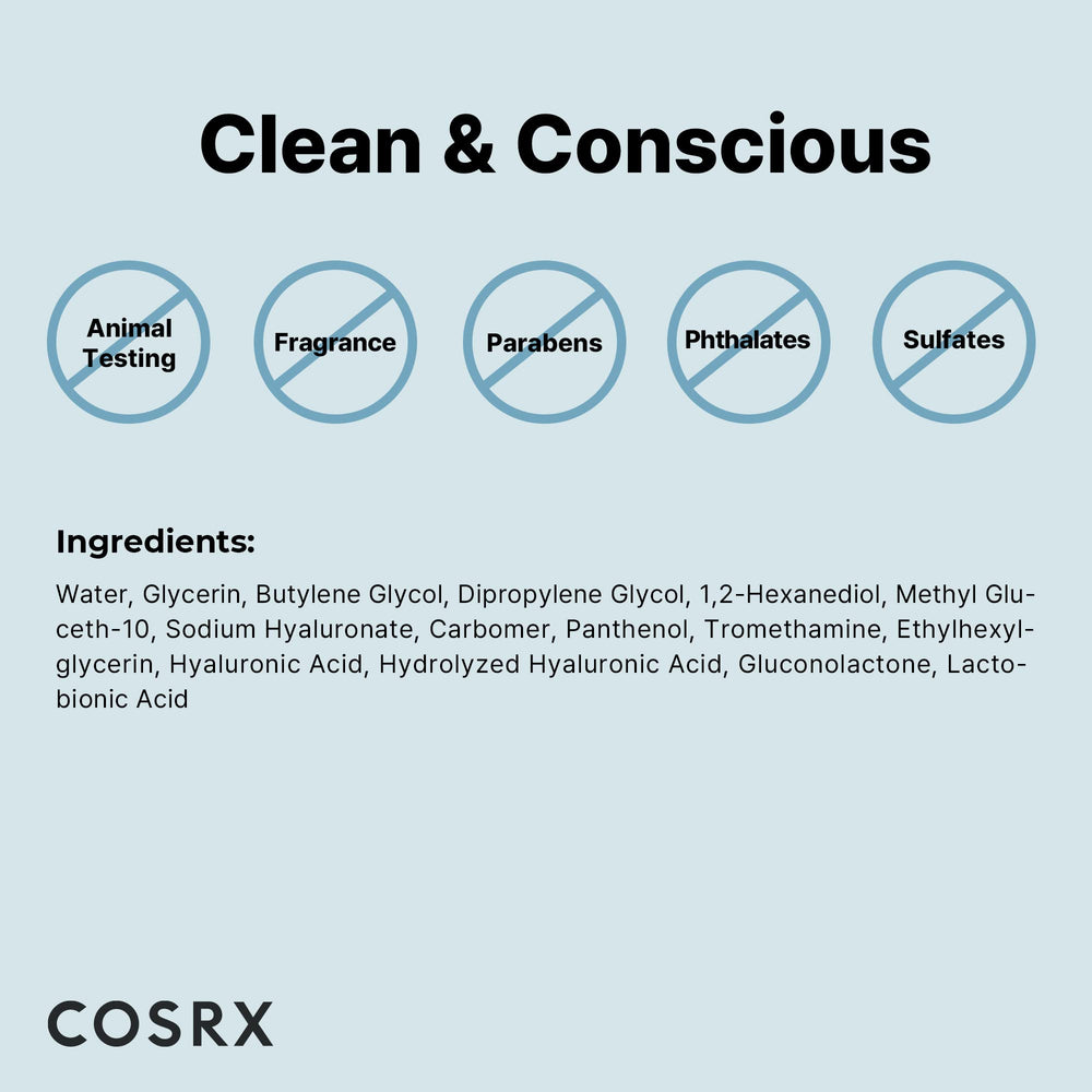 COSRX Hydrium packaging communicates cruelty-free and paraben-free benefits.