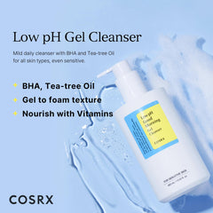 Close-up of COSRX cleanser highlighting tea tree oil and BHA benefits