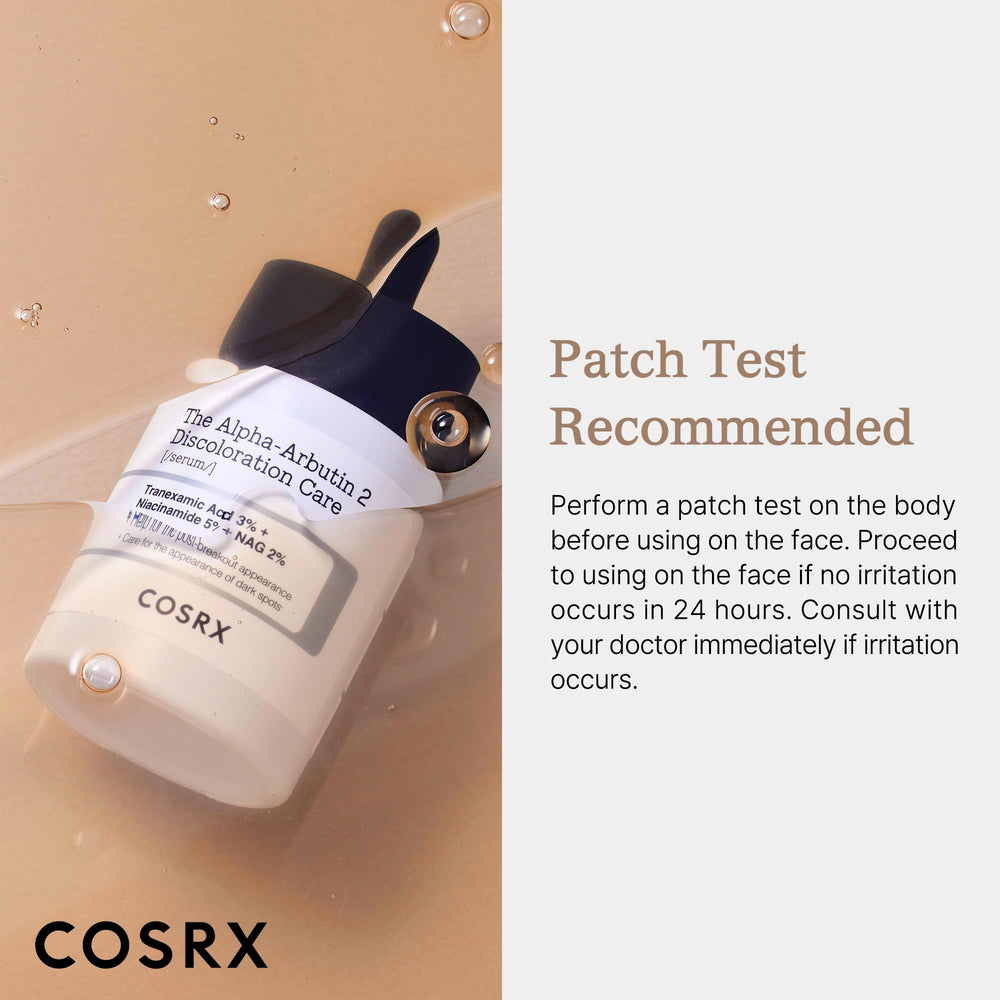 COSRX patch test reminder label beside product image.