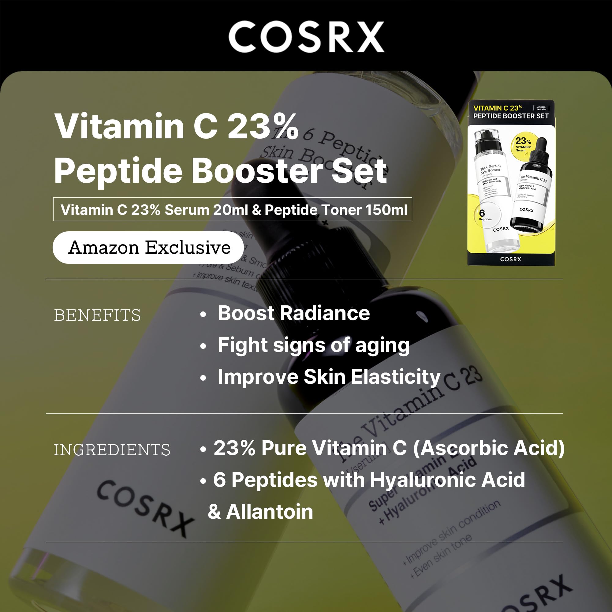COSRX Peptide Booster Toner bottle with six peptides for elasticity support