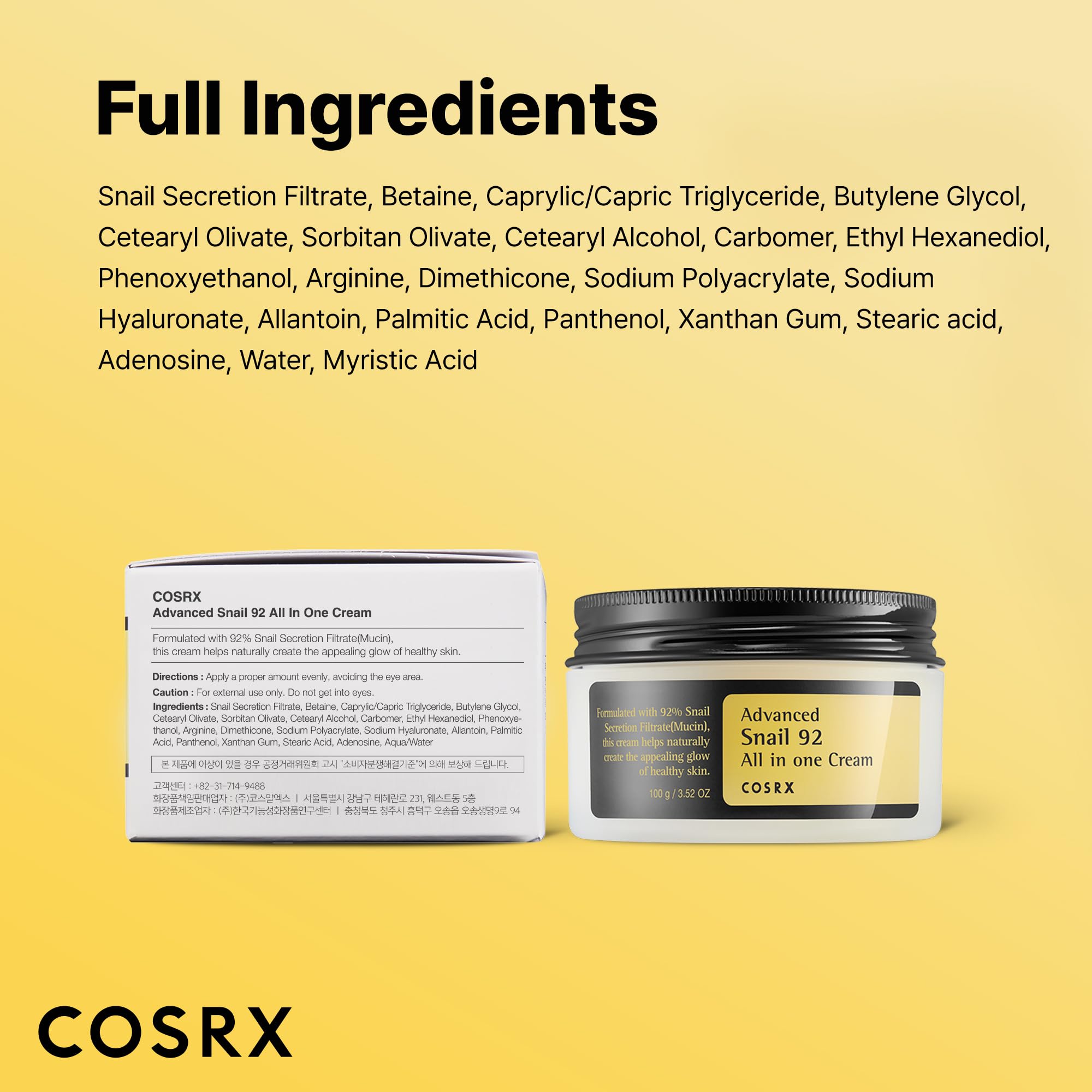 COSRX Snail Mucin 92% Moisturizer dry skin use on palm suggests quick absorption.