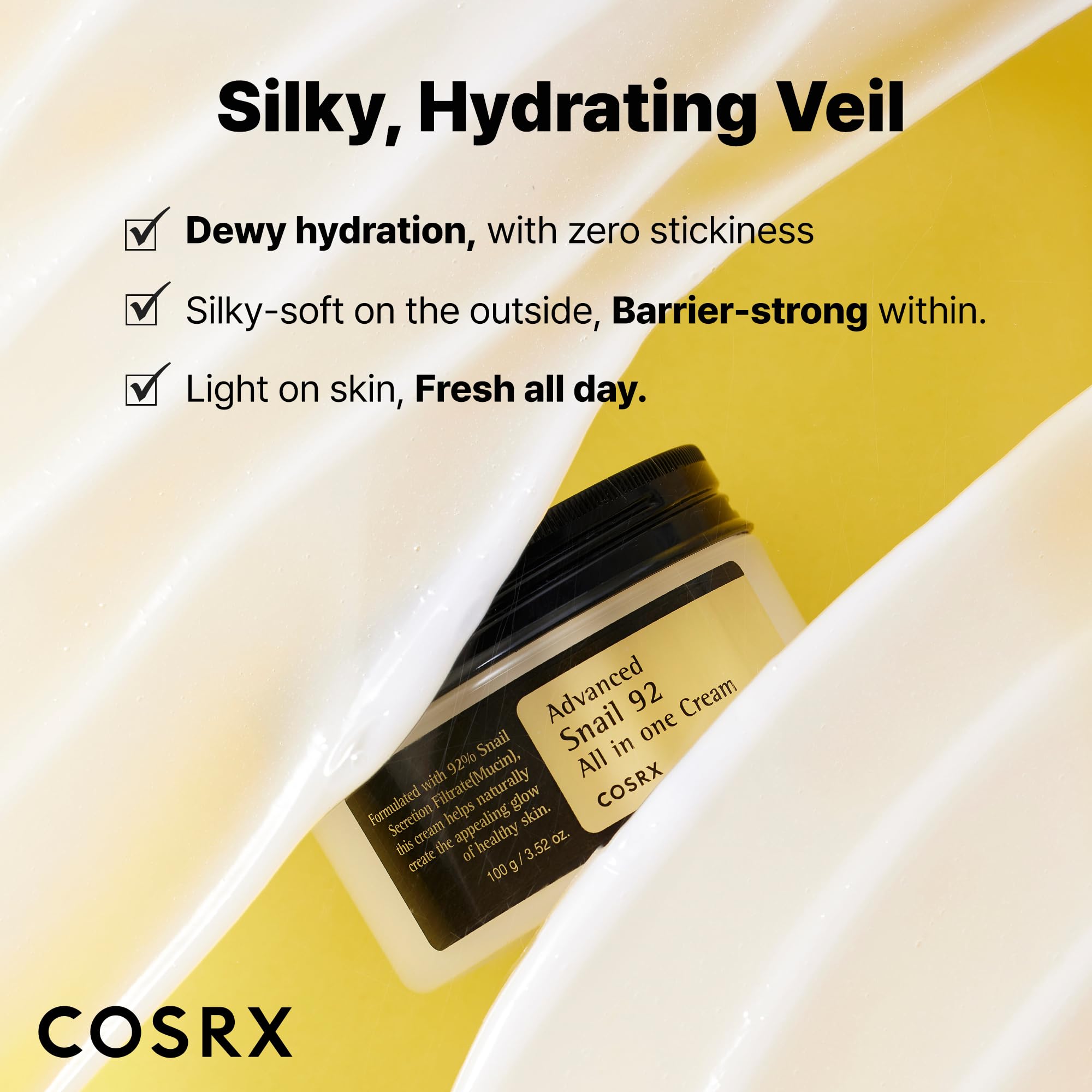 COSRX Snail Mucin 92% Moisturizer glow shot highlights gentle radiance.
