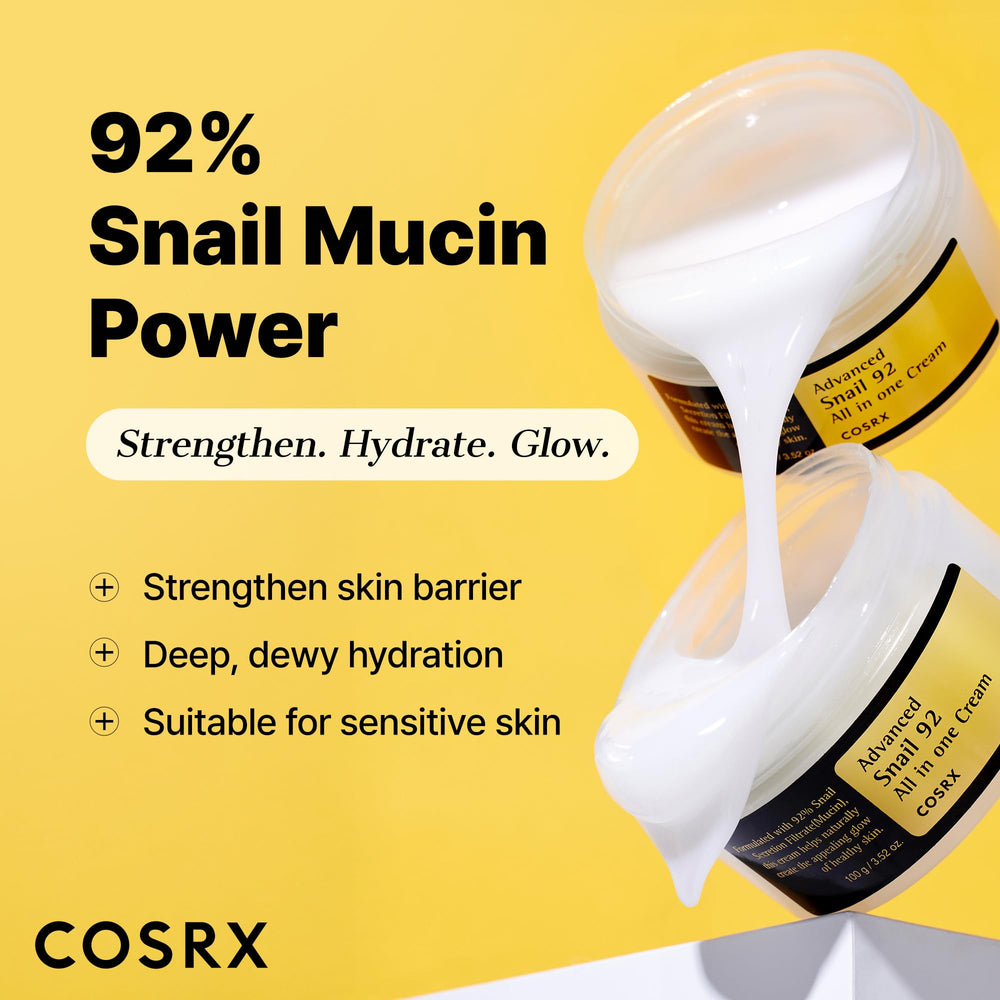 COSRX Snail Mucin 92% Moisturizer jar close-up showing rich gel texture.