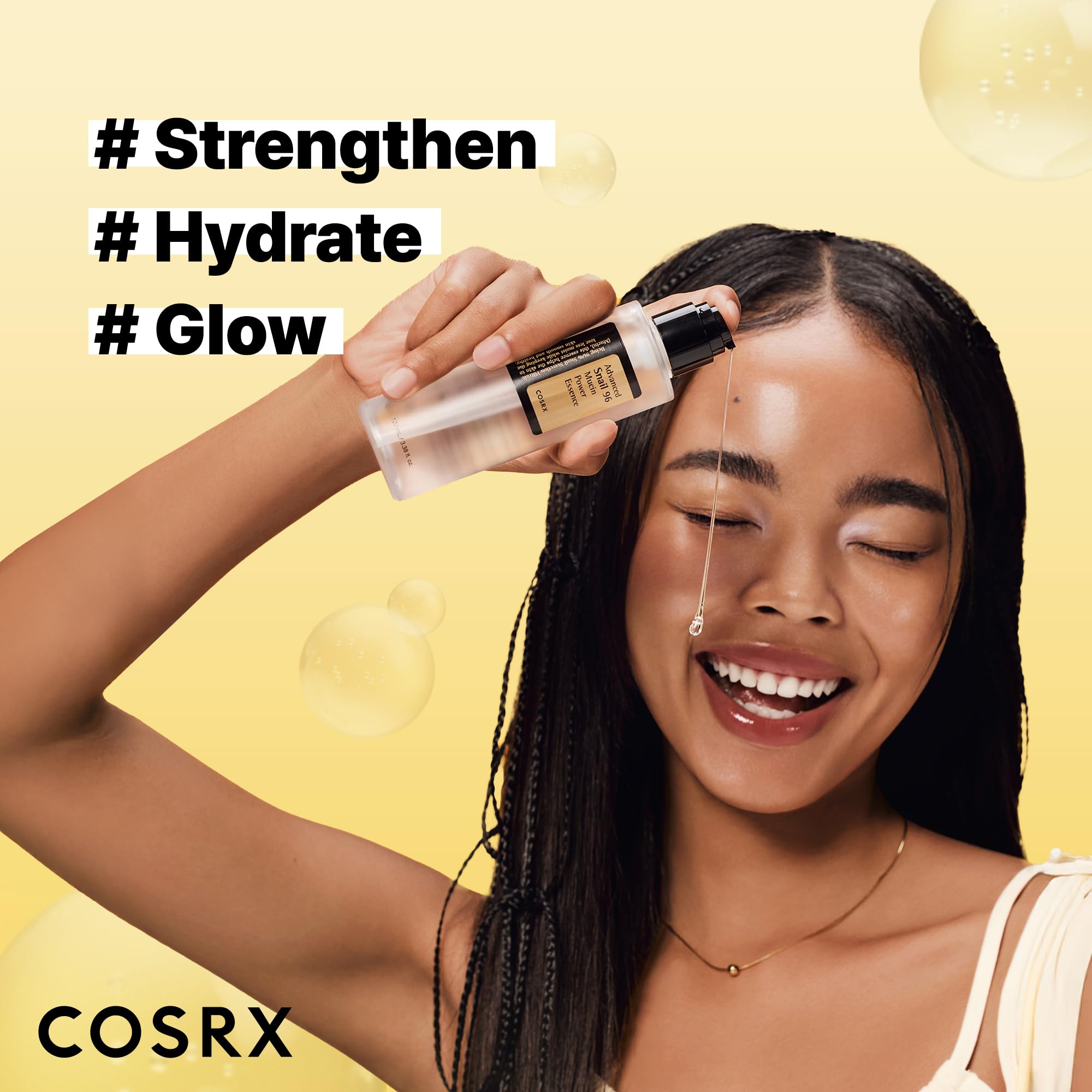 COSRX Snail Mucin essence bottle with 96% snail filtrate for nourishment.