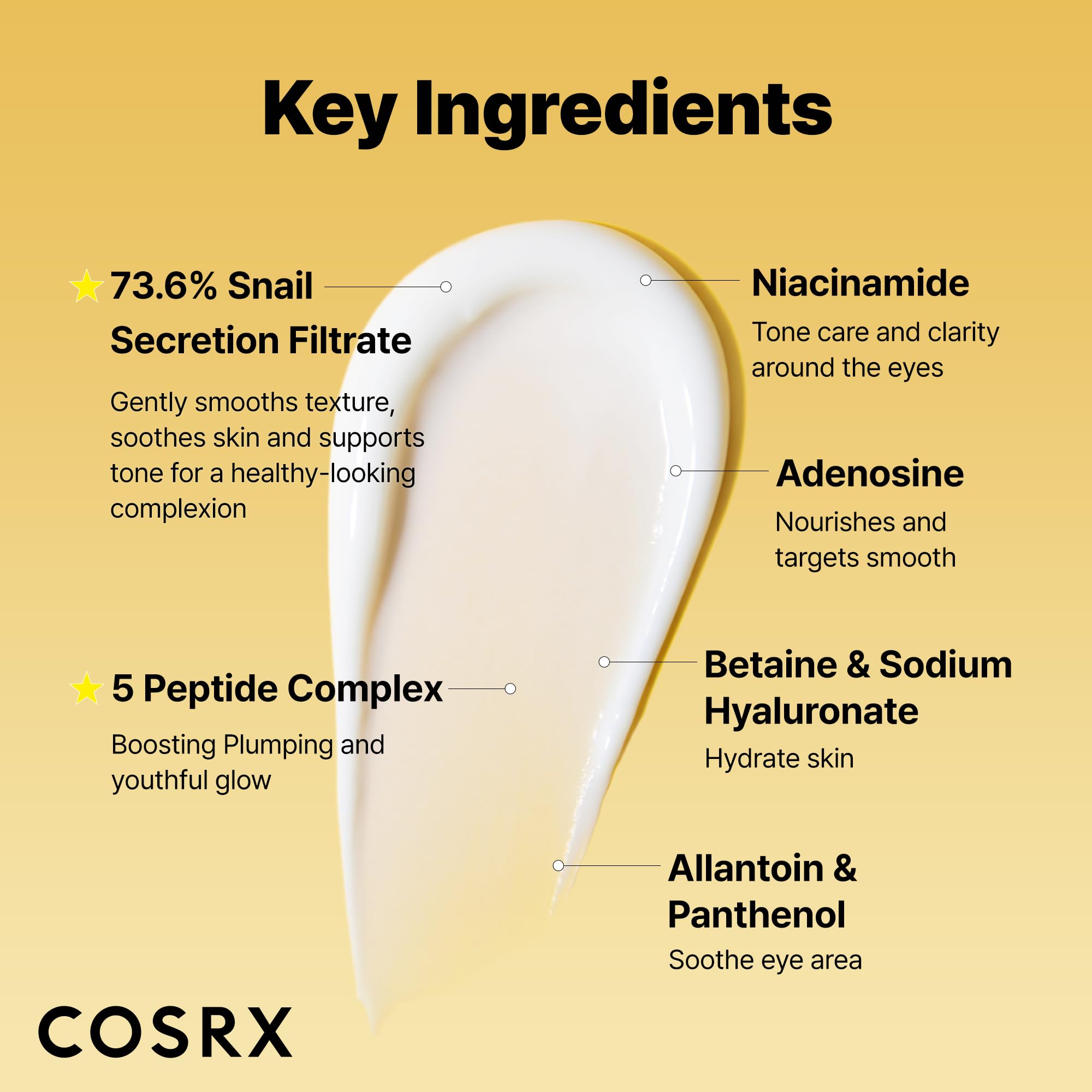 COSRX Snail Mucin Peptide Under Eye Cream ingredients highlight snail mucin and niacinamide