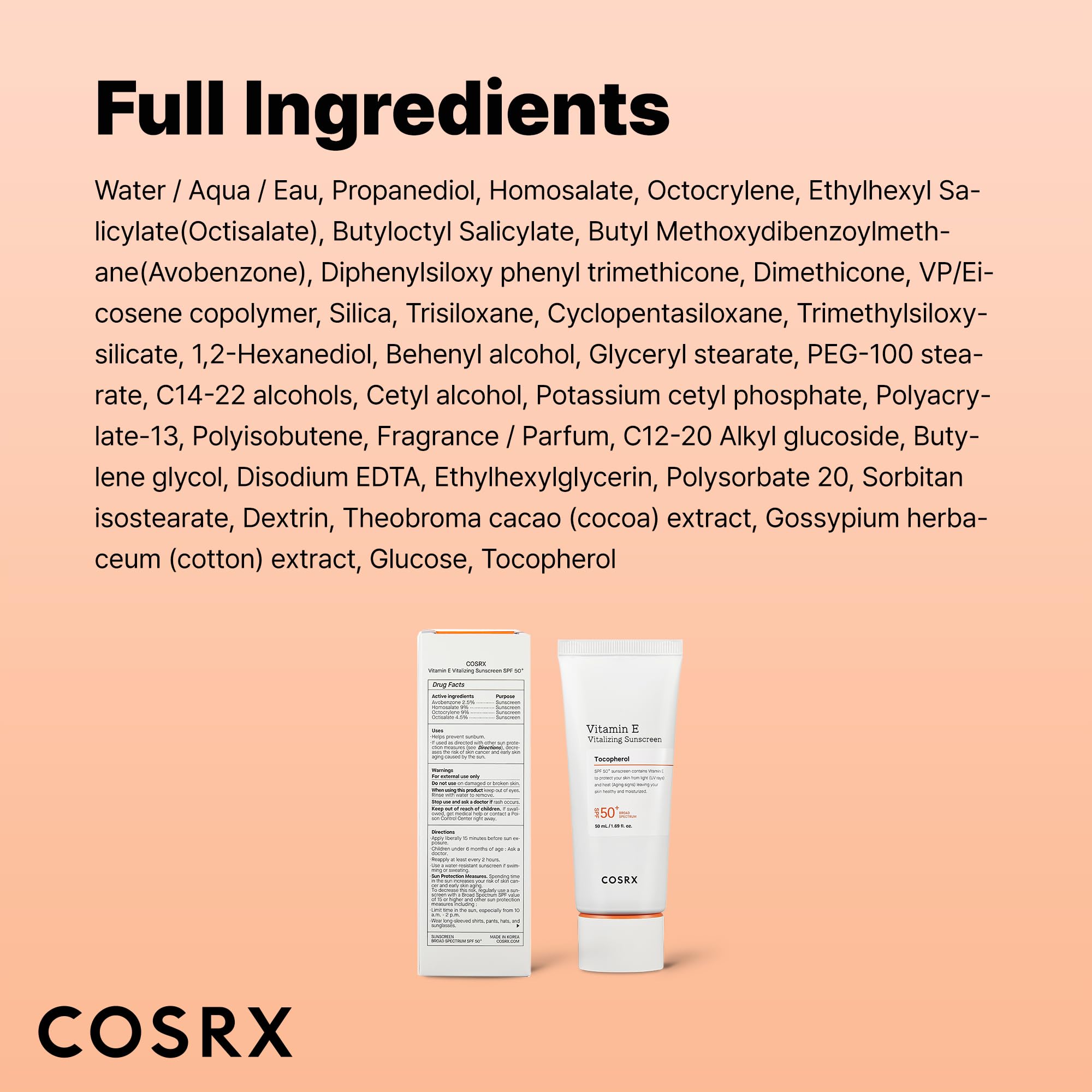 COSRX Vitamin E Sunscreen packaging cap close-up, product details.