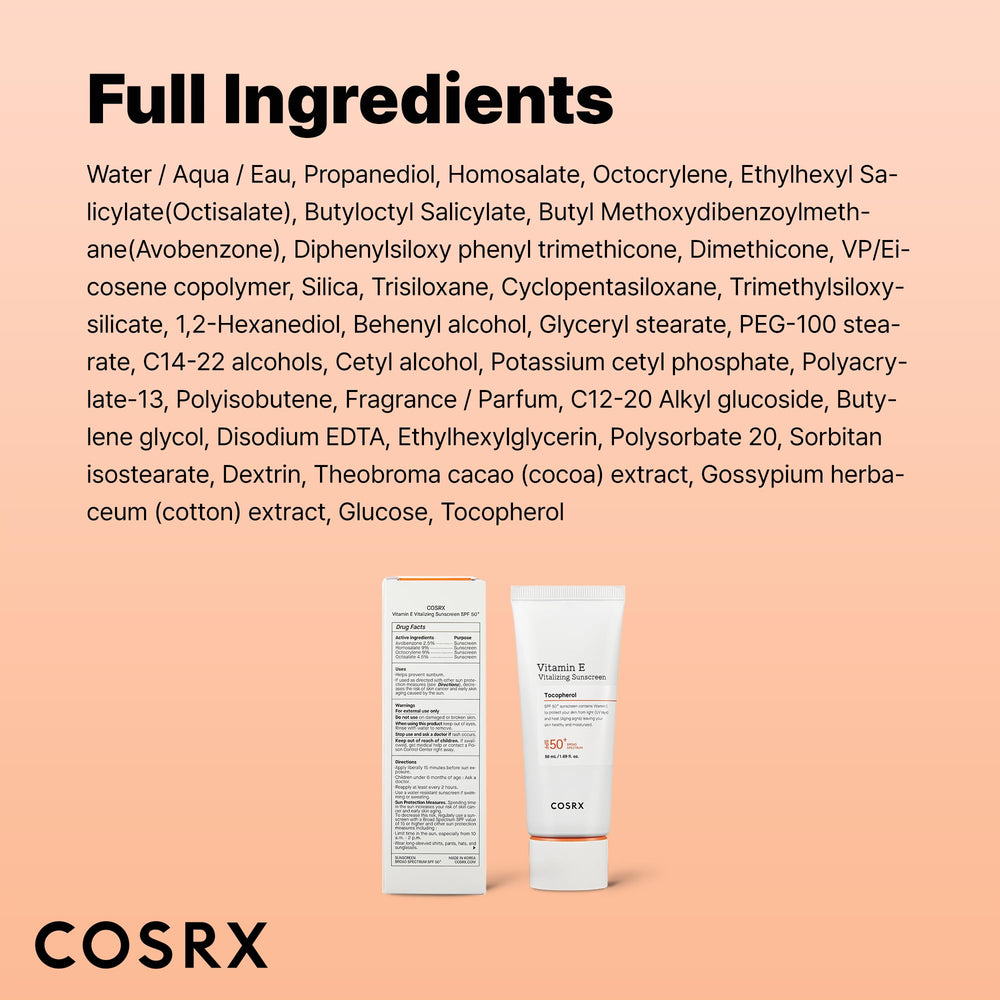COSRX Vitamin E Sunscreen packaging cap close-up, product details.
