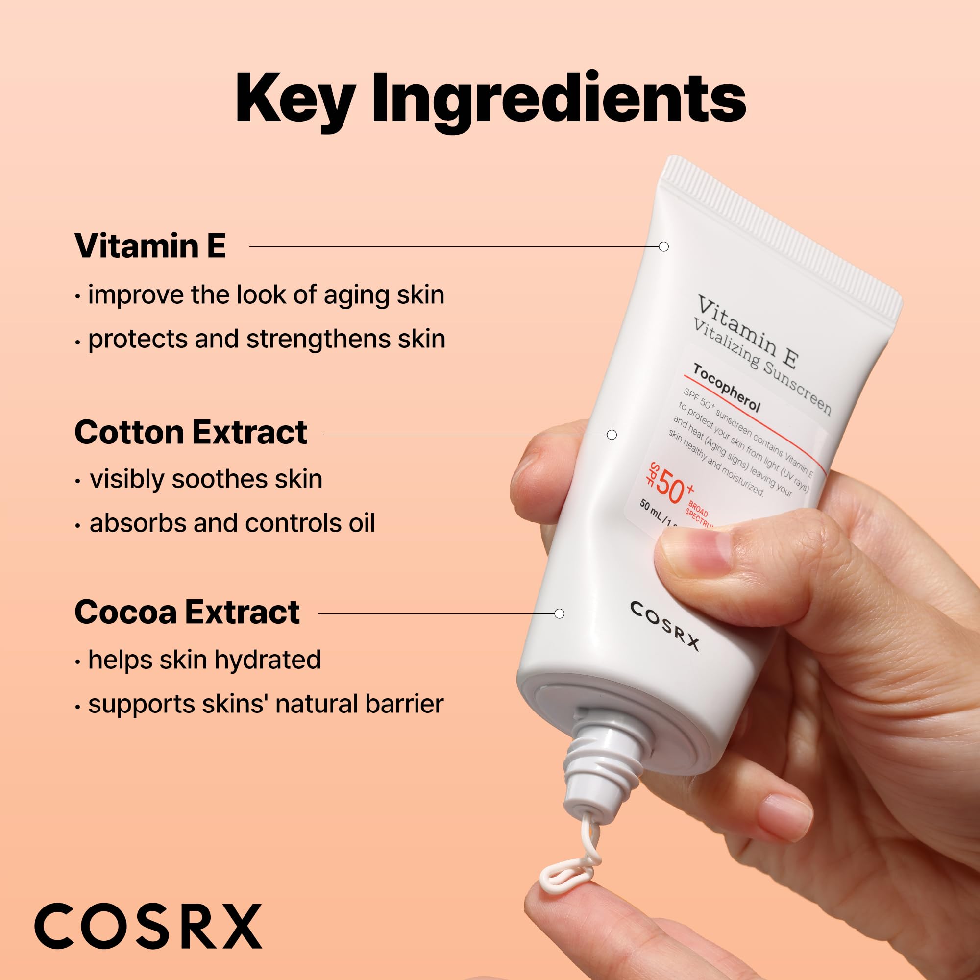 COSRX Vitamin E Sunscreen SPF 50 label close-up for trust.
