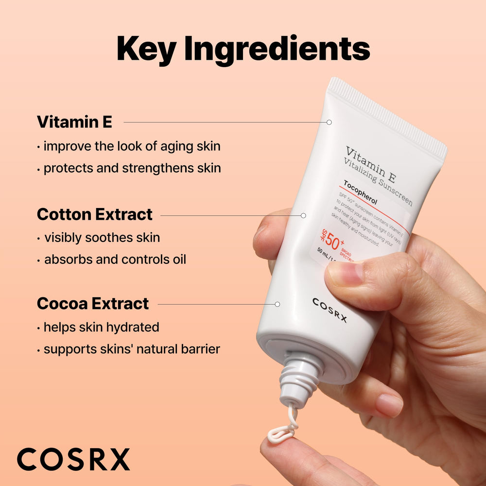 COSRX Vitamin E Sunscreen SPF 50 label close-up for trust.