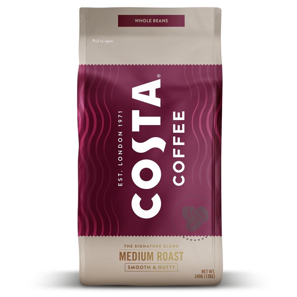 Costa Signature Blend whole beans in a 12 oz bag, ready to grind