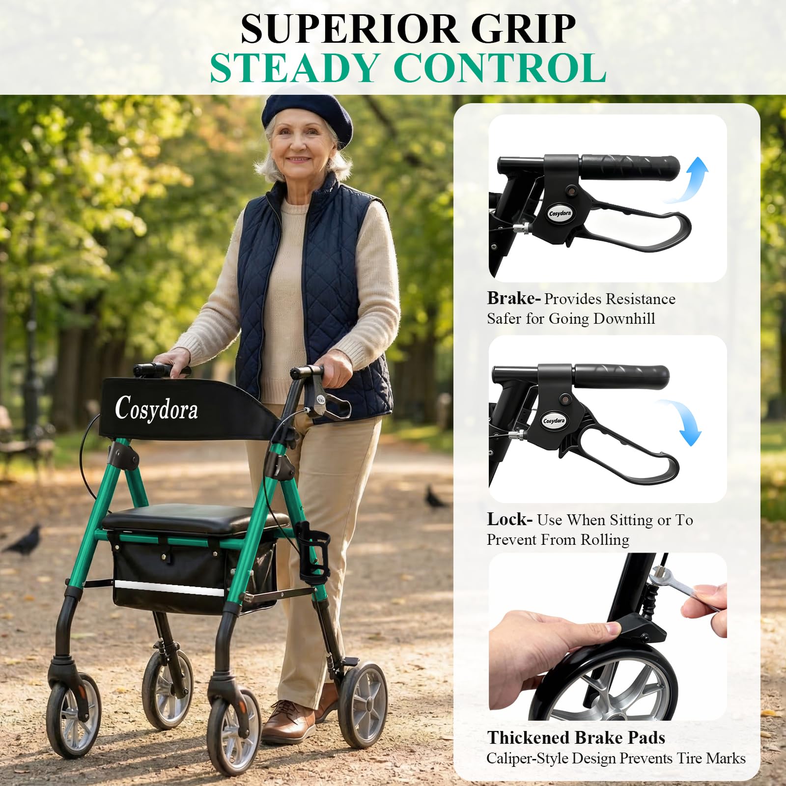 Cosydora Rollator padded seat and backrest provide breathable comfort on outings.