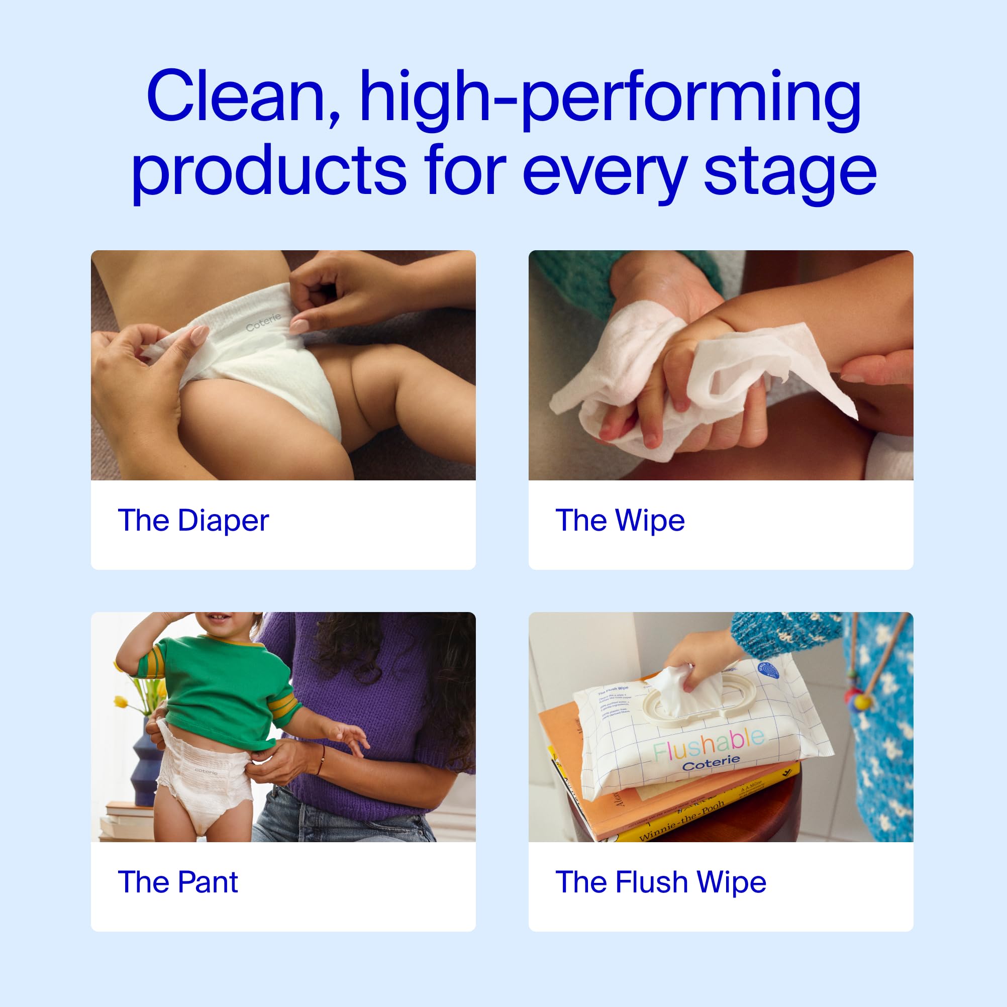 Coterie toddler-friendly wipes image shows daily routine with wipe and flush