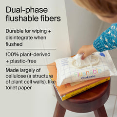 Coterie sewer and septic safe icon suggests safe flushing when used one at a time