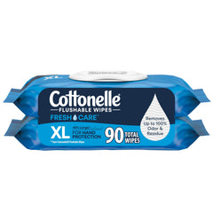 Cottonelle XL flushable wet wipes two flip-top packs for easy dispensing and freshness.