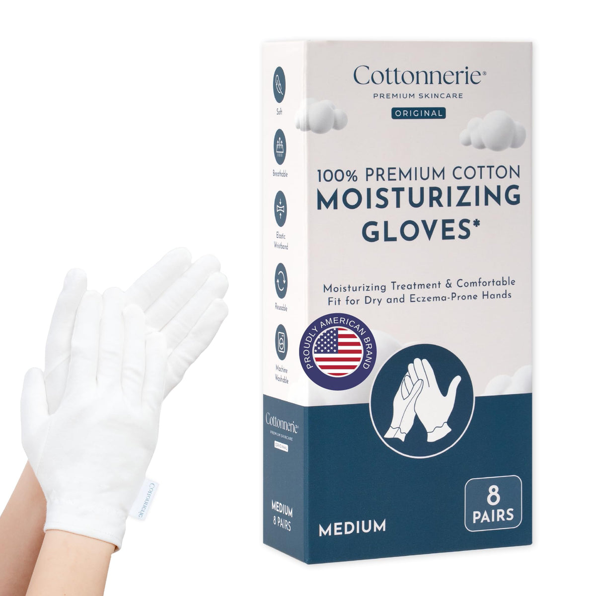 Cottonnerie Original Cotton Gloves worn overnight for moisture retention and breathable comfort.