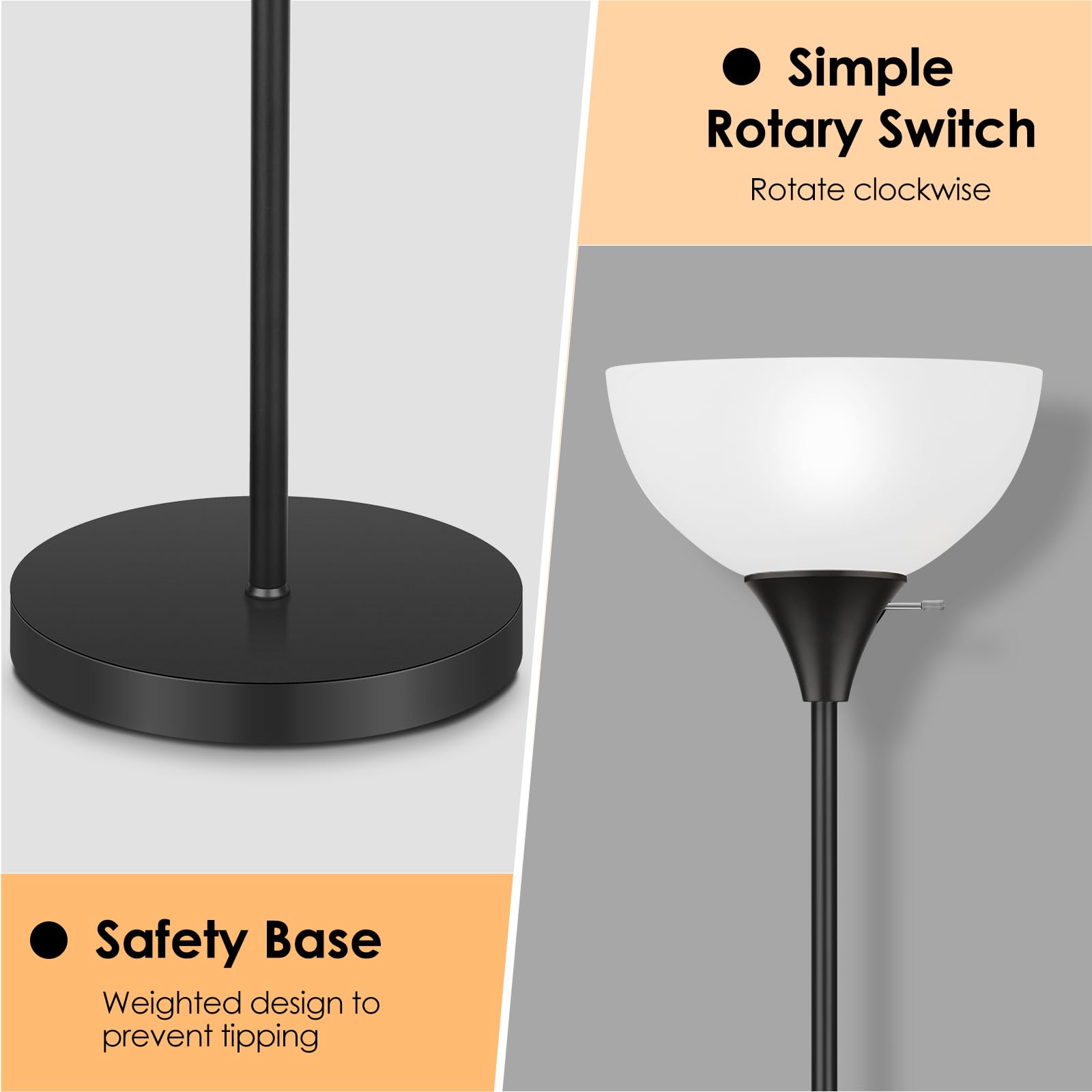 Coucrek floor lamp rotary switch enables easy manual control.