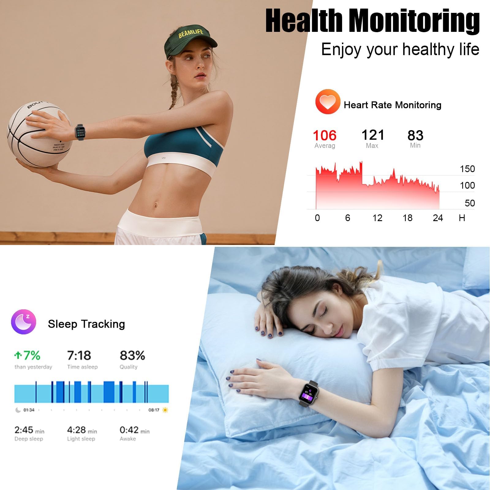 Coucur Smartwatch health tracking monitors heart rate and sleep.