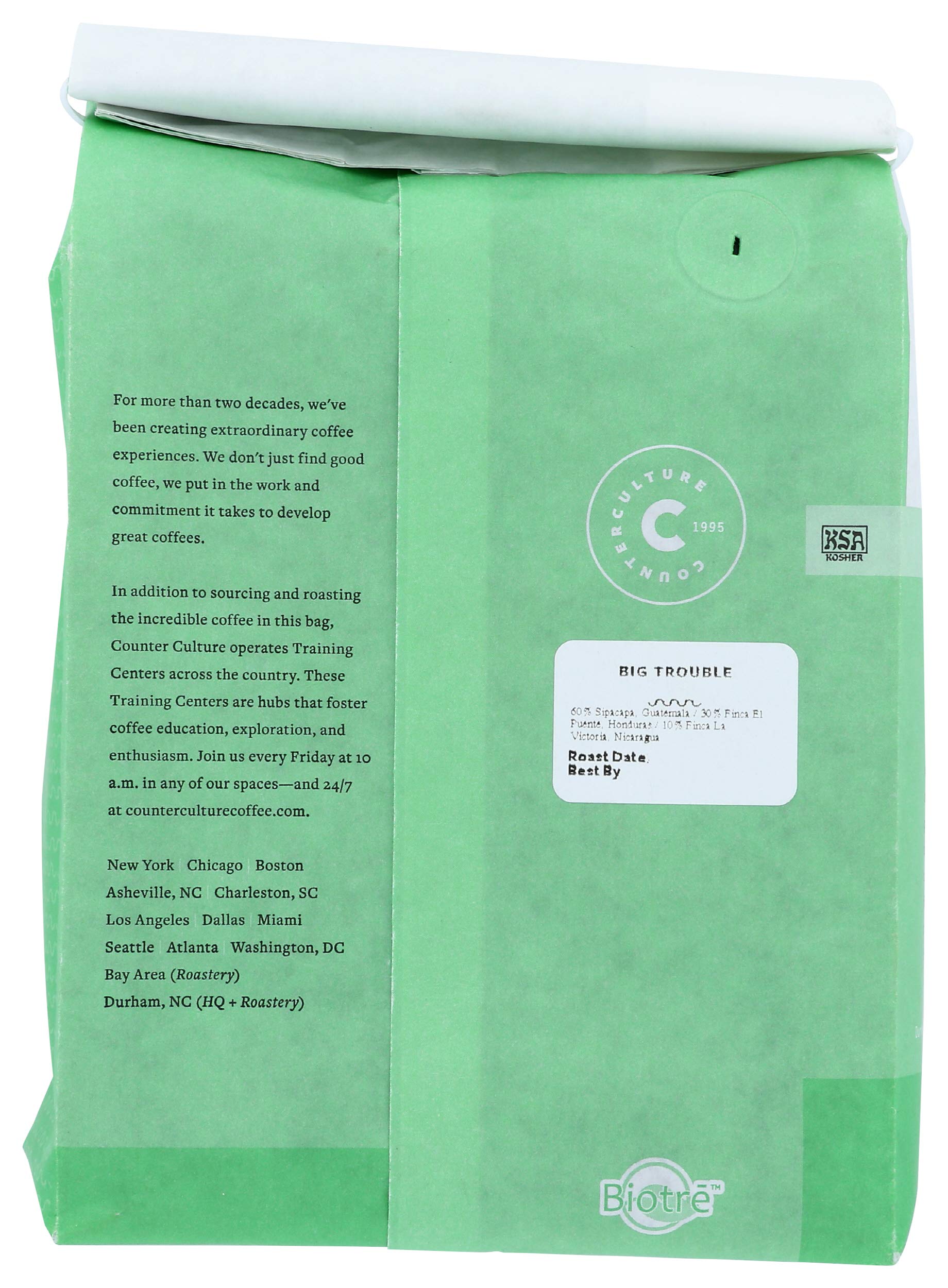 Counter Culture Big Trouble whole-bean bag view ready for home grinding.