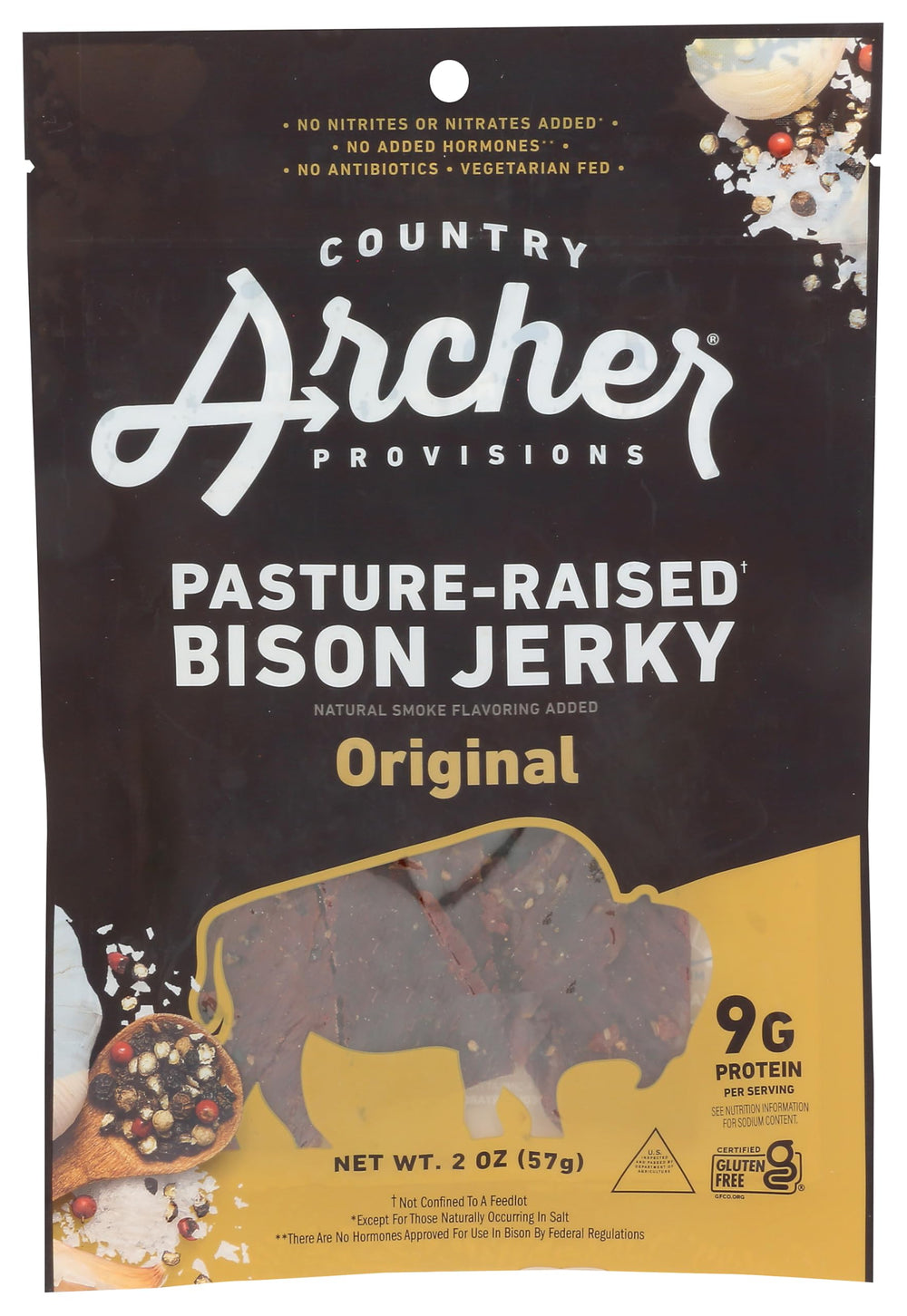 Country Archer Bison Jerky Original 2oz packaging for on-the-go snacking.