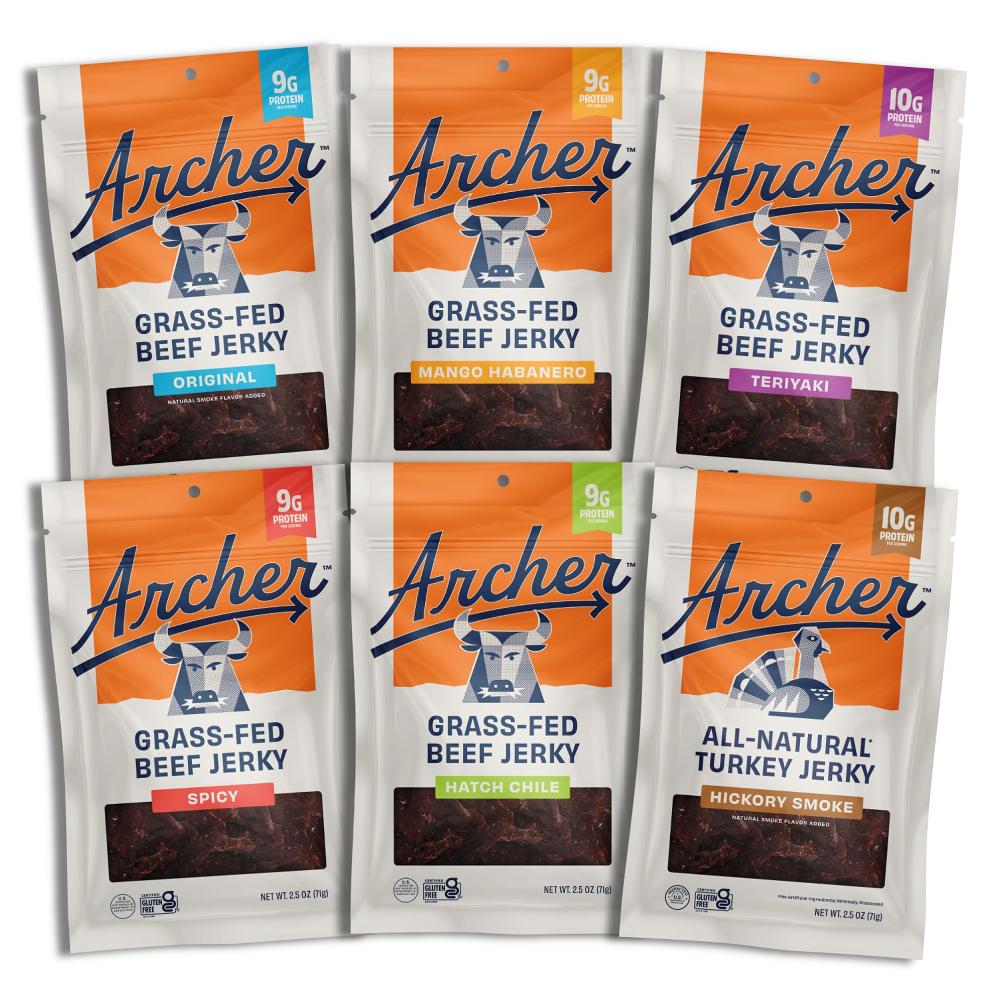 Country Archer variety-pack pack-shot showing six flavor options for on-the-go protein.
