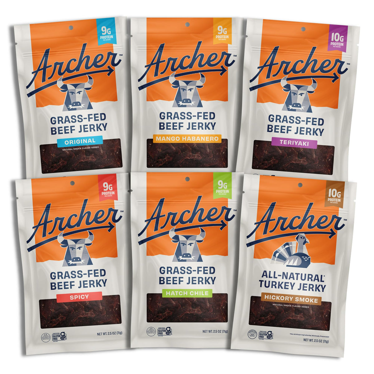 Country Archer variety-pack pack-shot showing six flavor options for on-the-go protein.