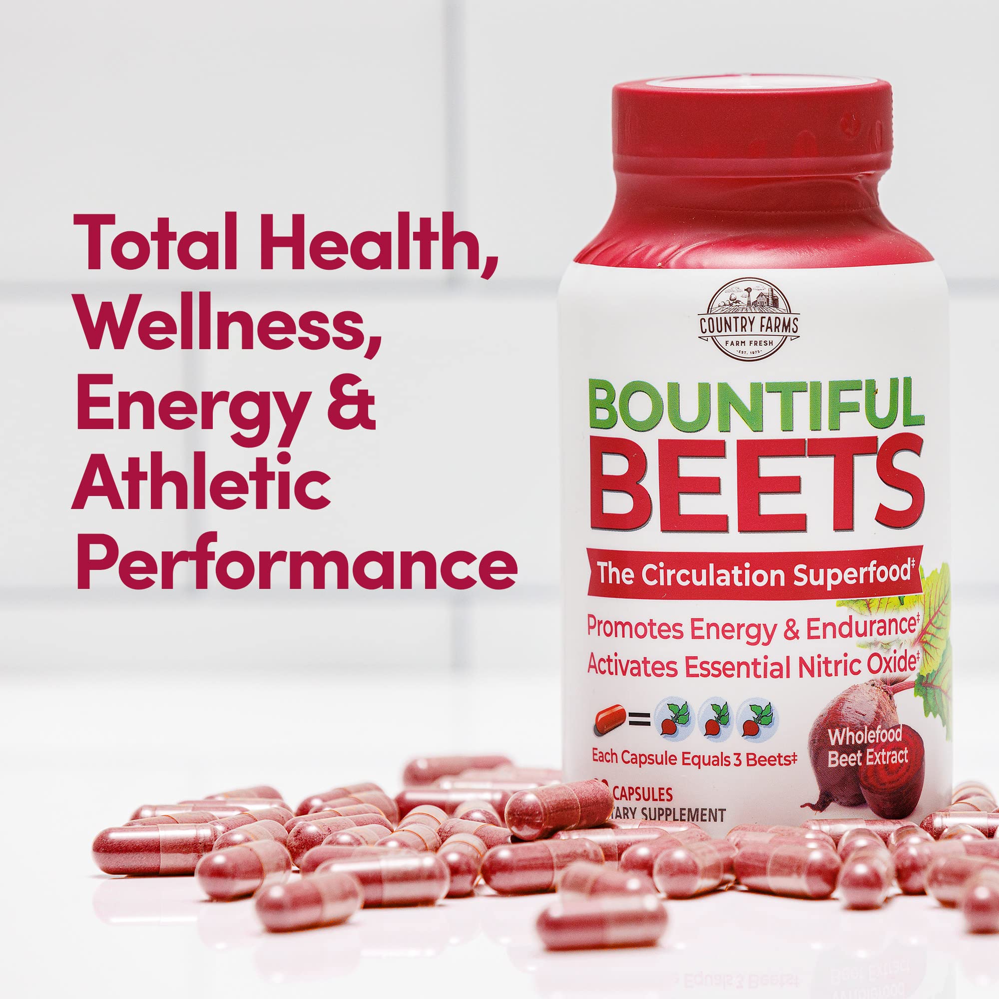 Country Farms Bountiful Beets capsule beside glass of water for natural energy.