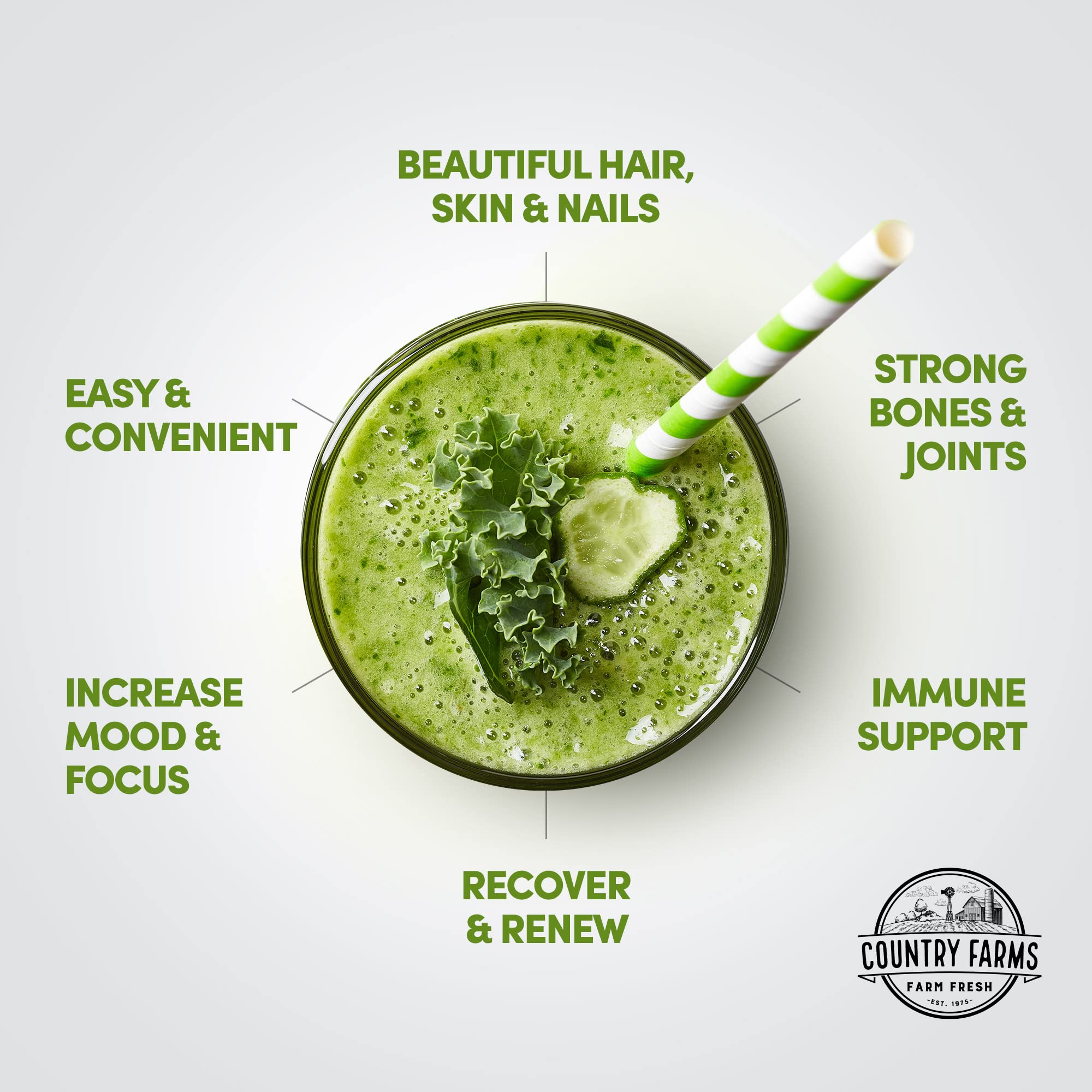 Country Farms Collagen + Greens bottle with label highlighting gluten-free and sugar-free