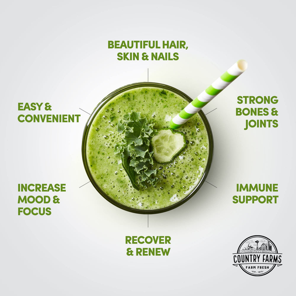 Country Farms Collagen + Greens bottle with label highlighting gluten-free and sugar-free