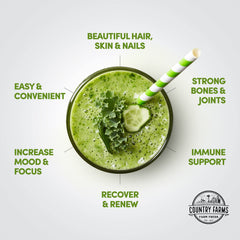 Country Farms Collagen + Greens bottle with label highlighting gluten-free and sugar-free