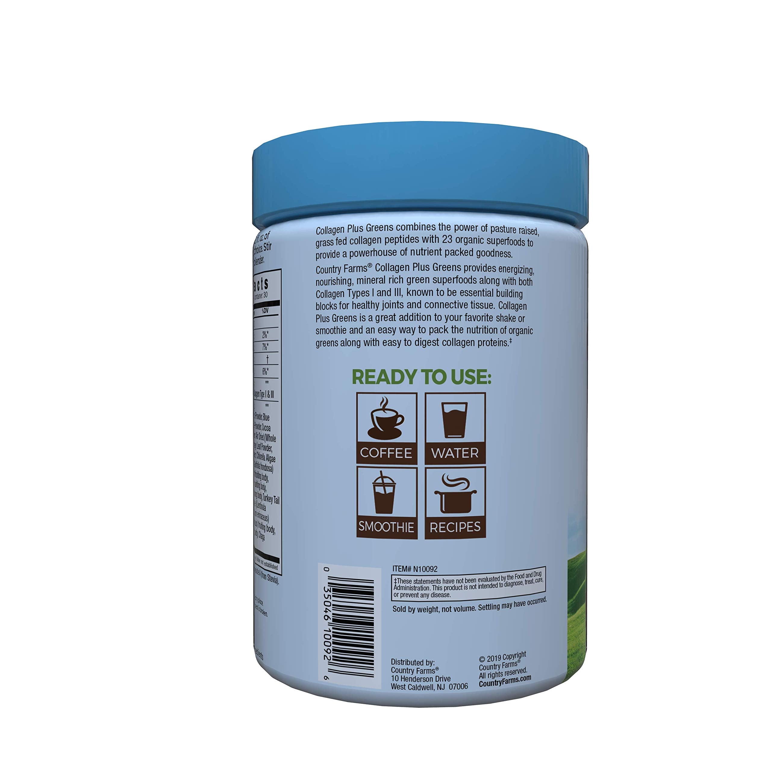 Country Farms Collagen + Greens poured into a smoothie for a vibrant greens boost