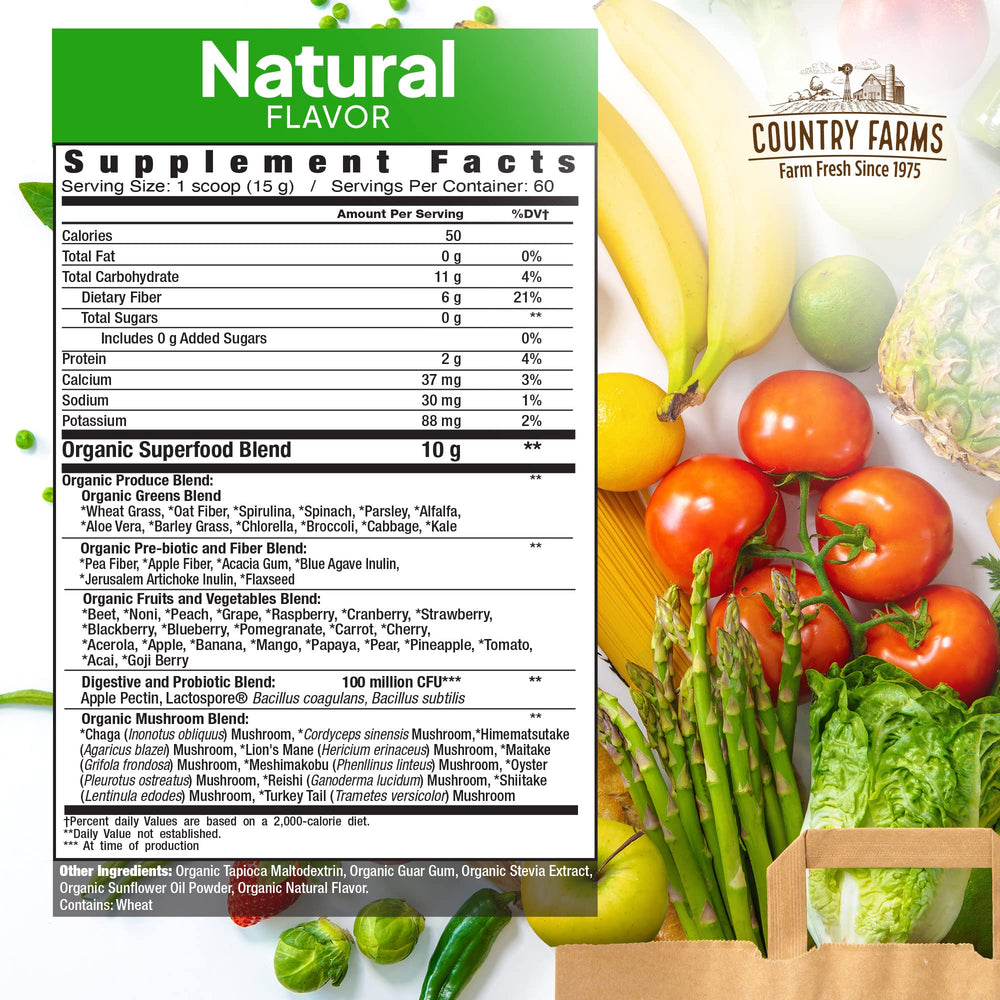 Country Farms Super Greens 900g bag ready for everyday daily nutrition boost.