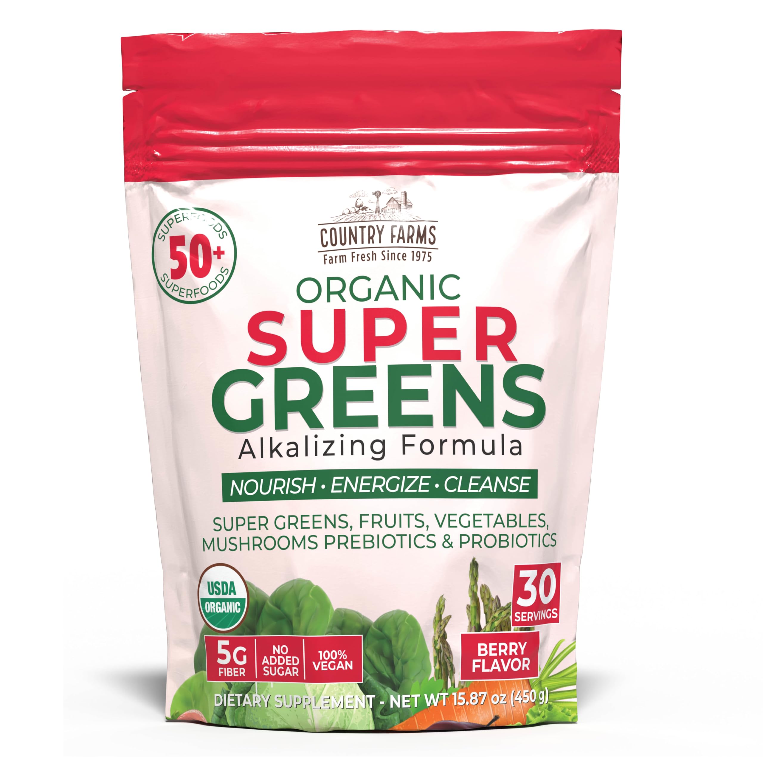 Country Farms Super Greens Berry bag front highlighting organic nutrition and flavor.