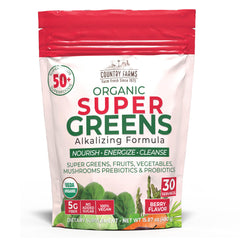 Country Farms Super Greens Berry bag front highlighting organic nutrition and flavor.