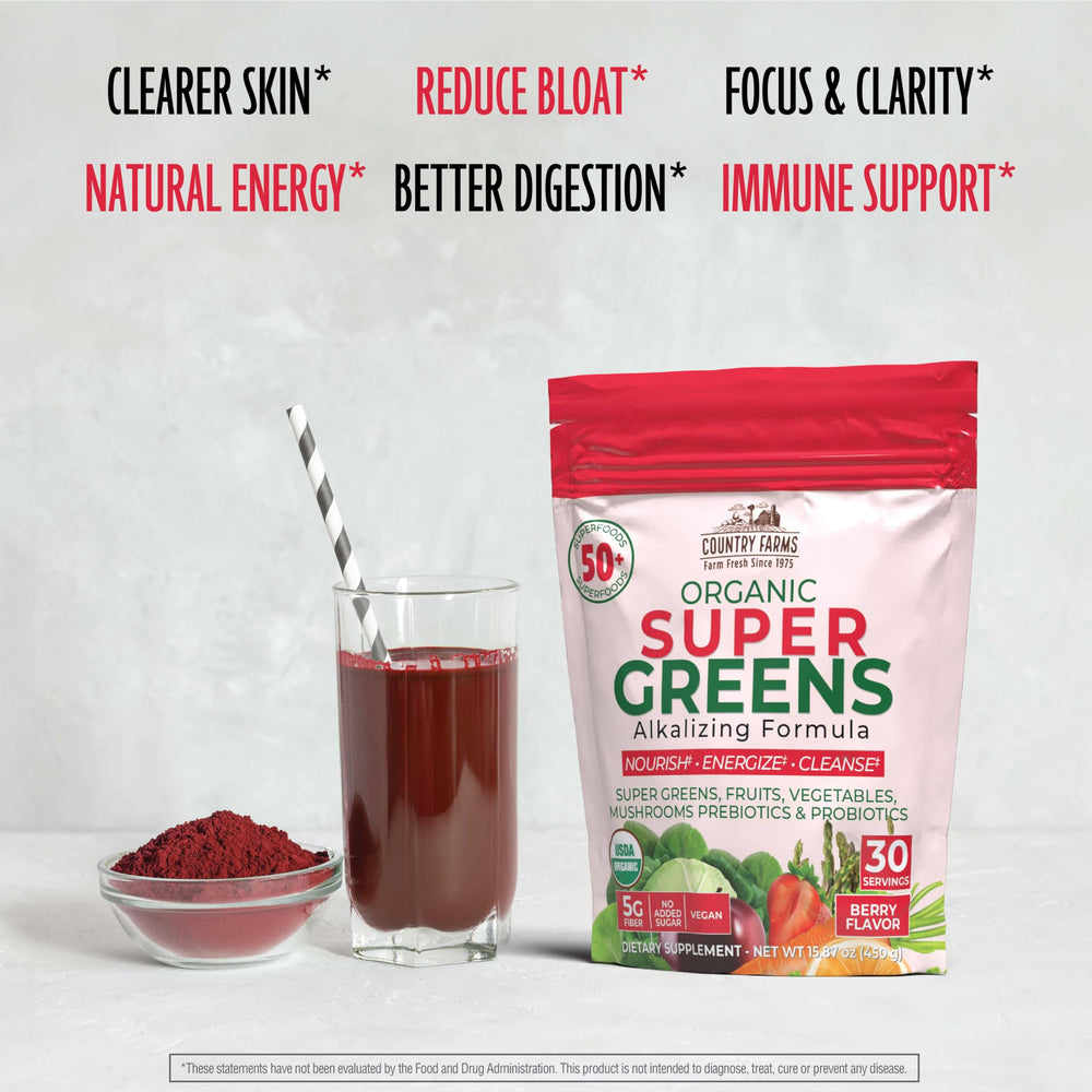 Country Farms Super Greens Berry dissolving in water glass natural energy boost in every sip.